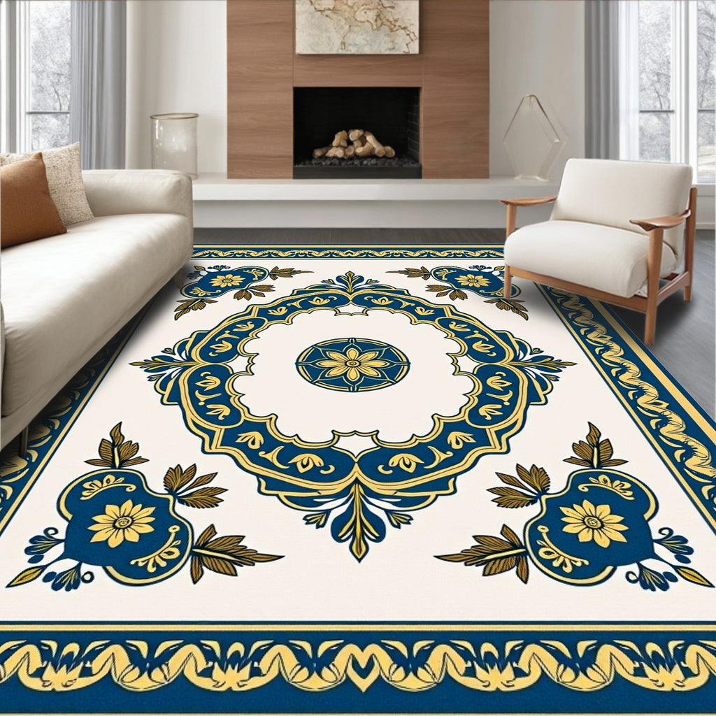 Ornate Blue Gold Floral Medallion Rug