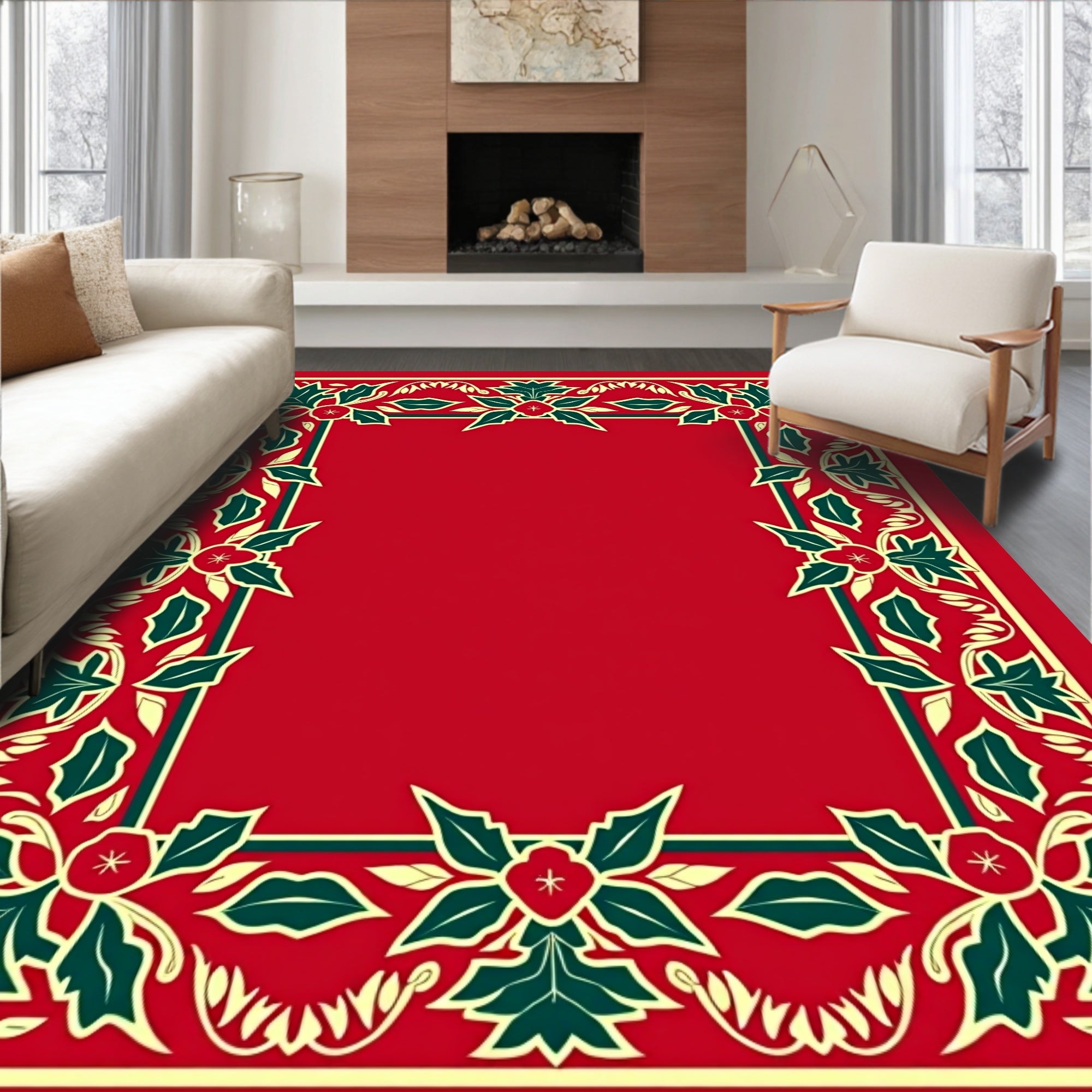 Festive Red Green Holly Border Rug
