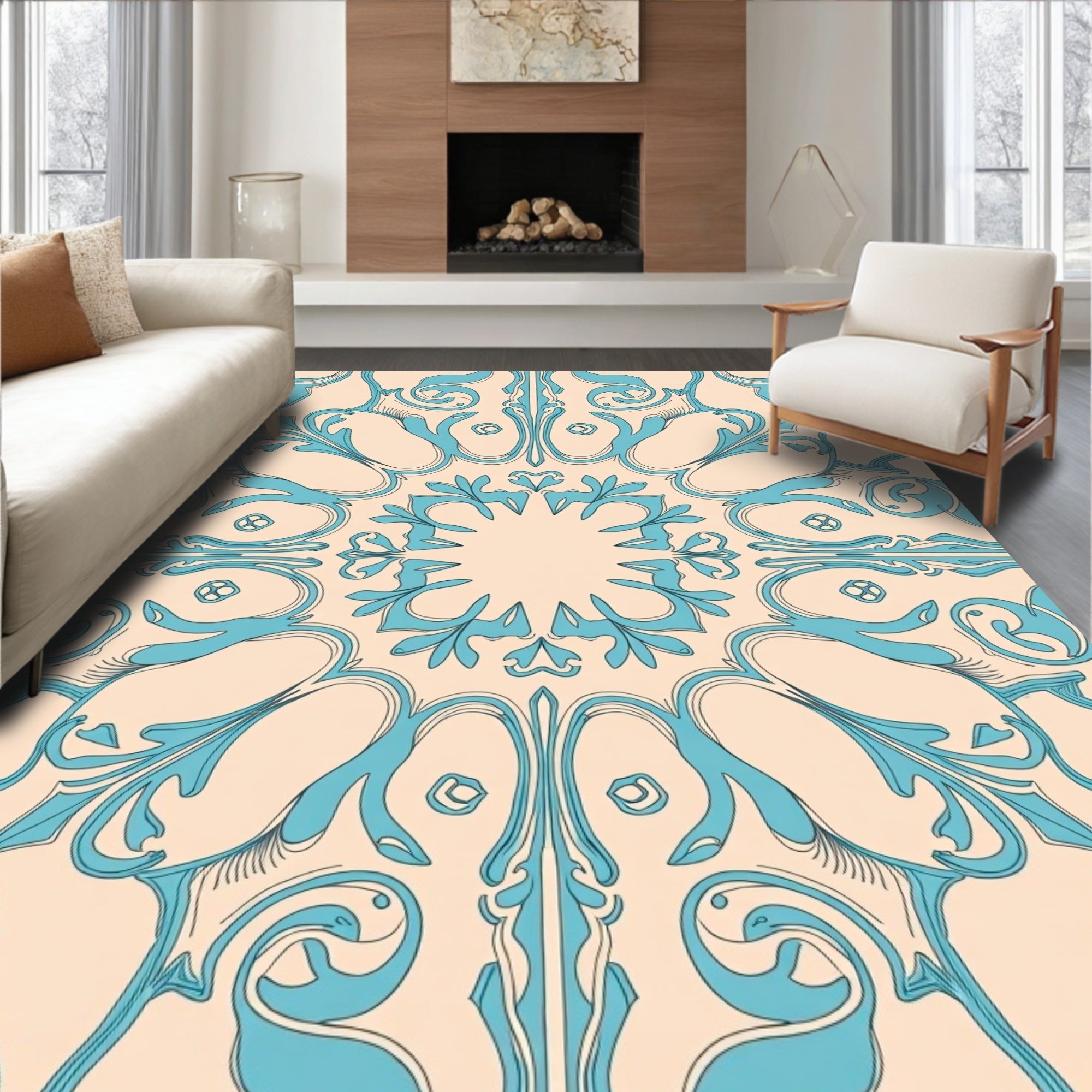 Azure Cream Floral Symmetry Rug