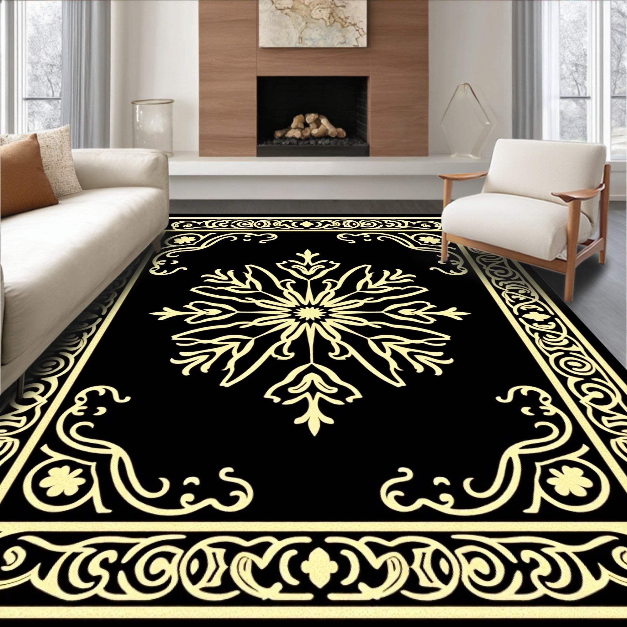 Golden Ivory Floral Medallion Black Rug