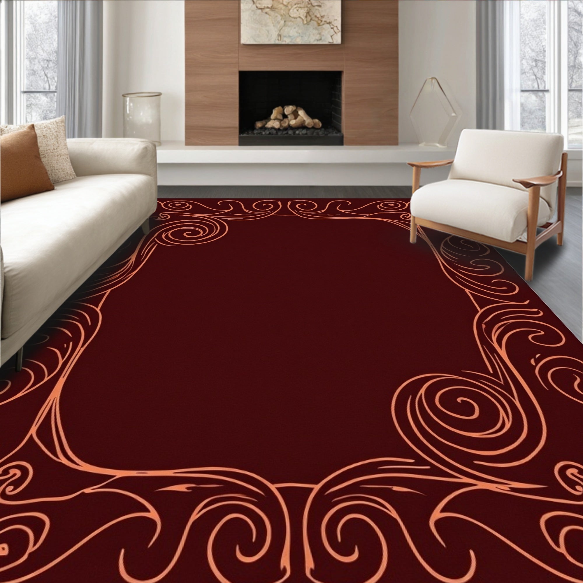 Deep Rose Swirl Scroll Border Rug