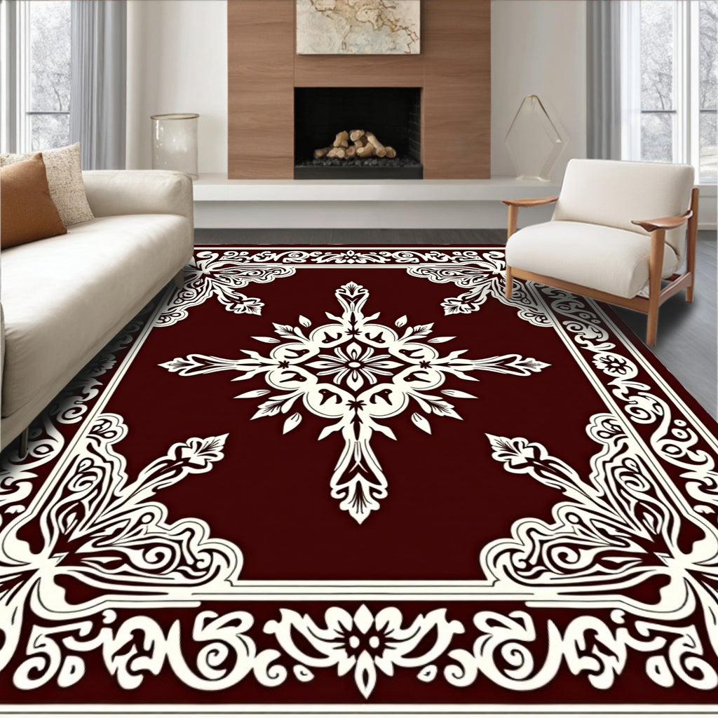 Rich Crimson Floral Medallion Border Rug