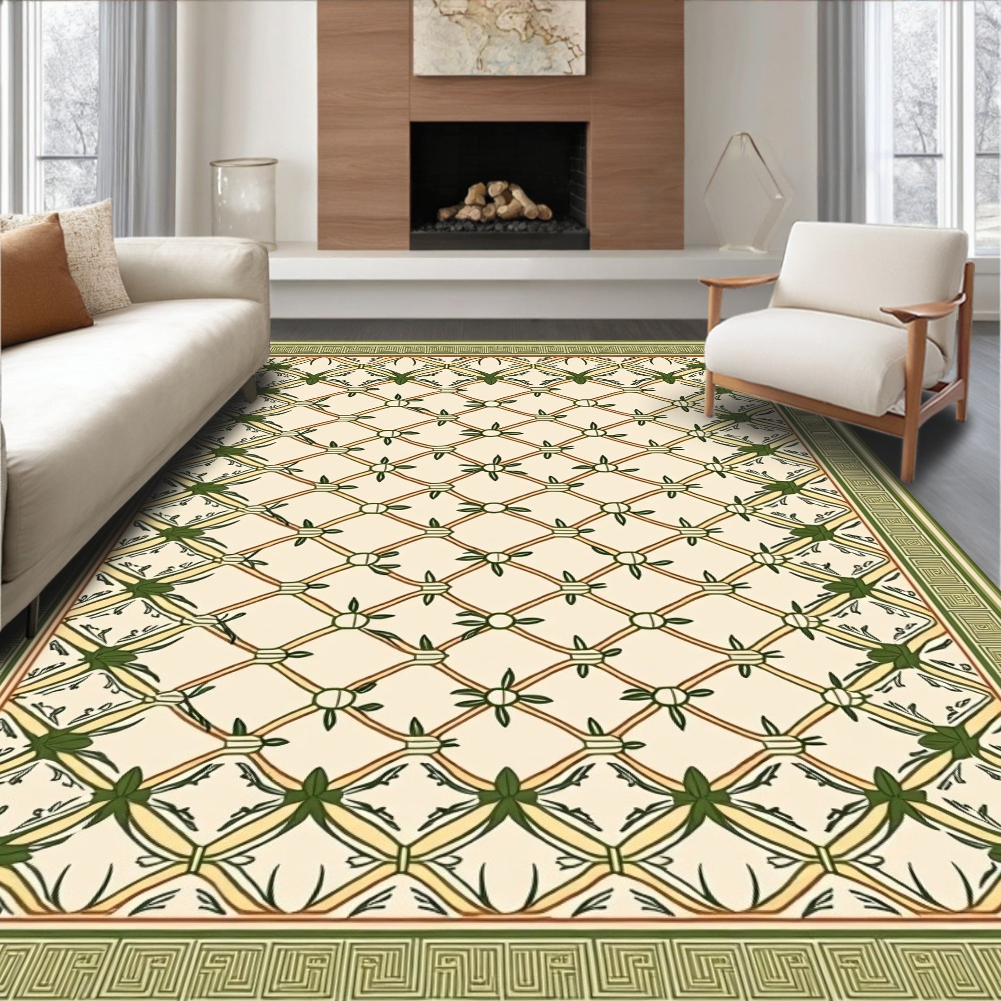 Antique Cream Green Lattice Vine Rug