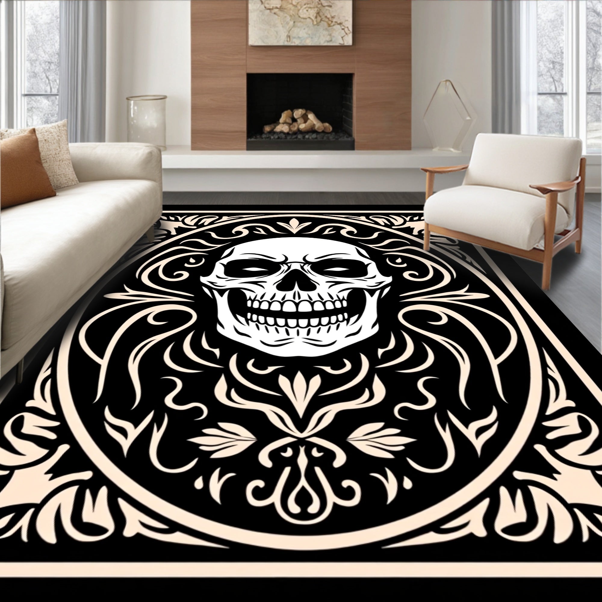 Ornate White Skull Black Oval Rug
