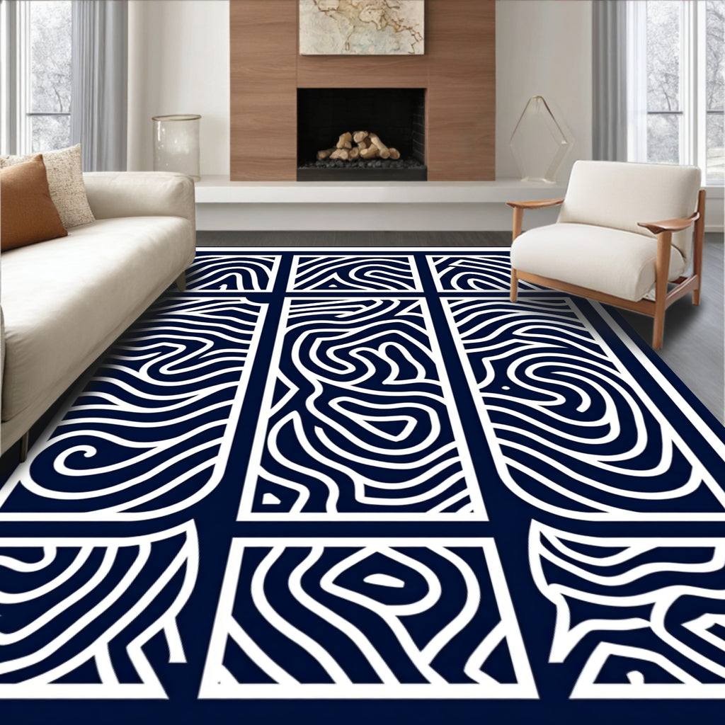 Navy White Abstract Wavy Lines Rug