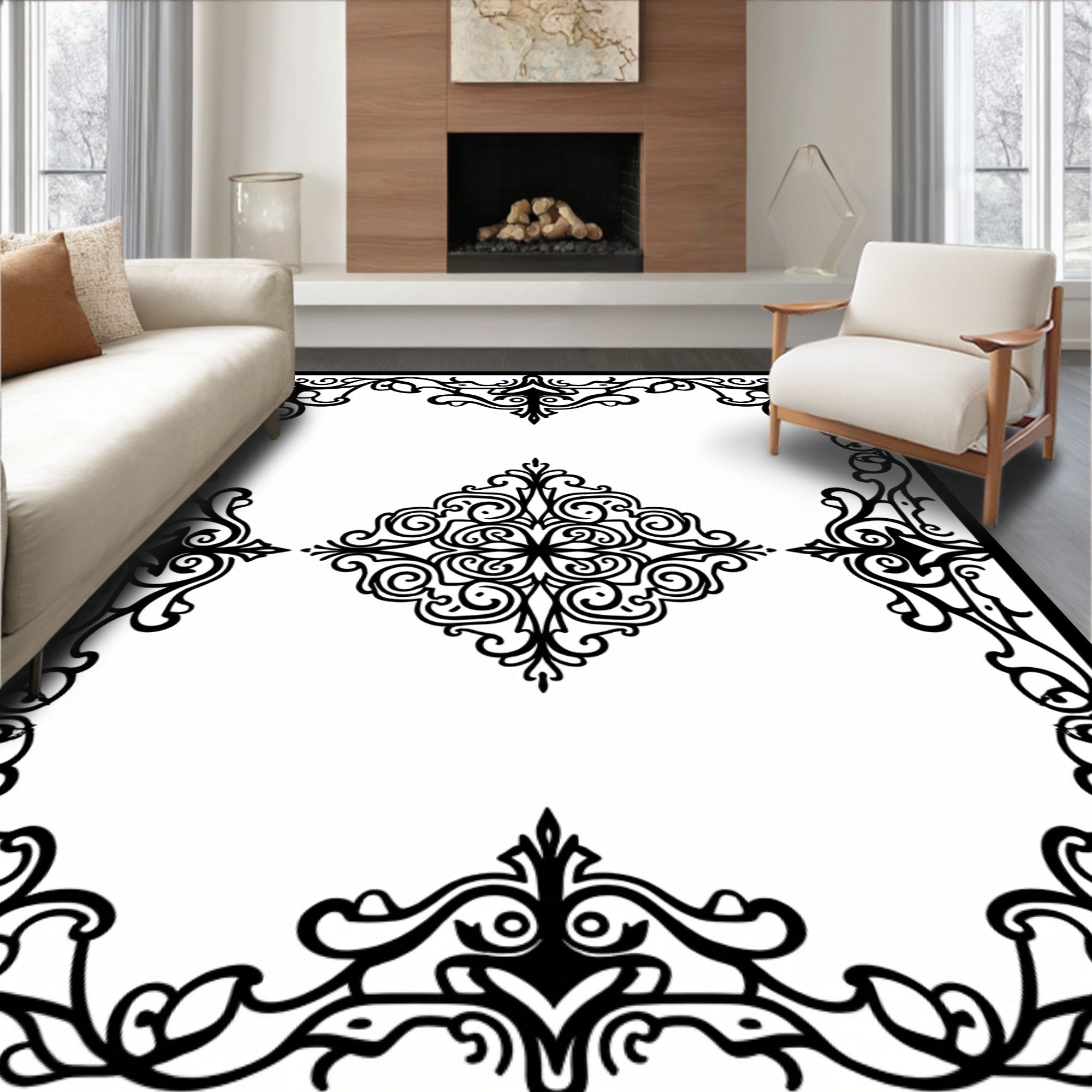 Black Ornate Scrollwork Medallion Border Rug