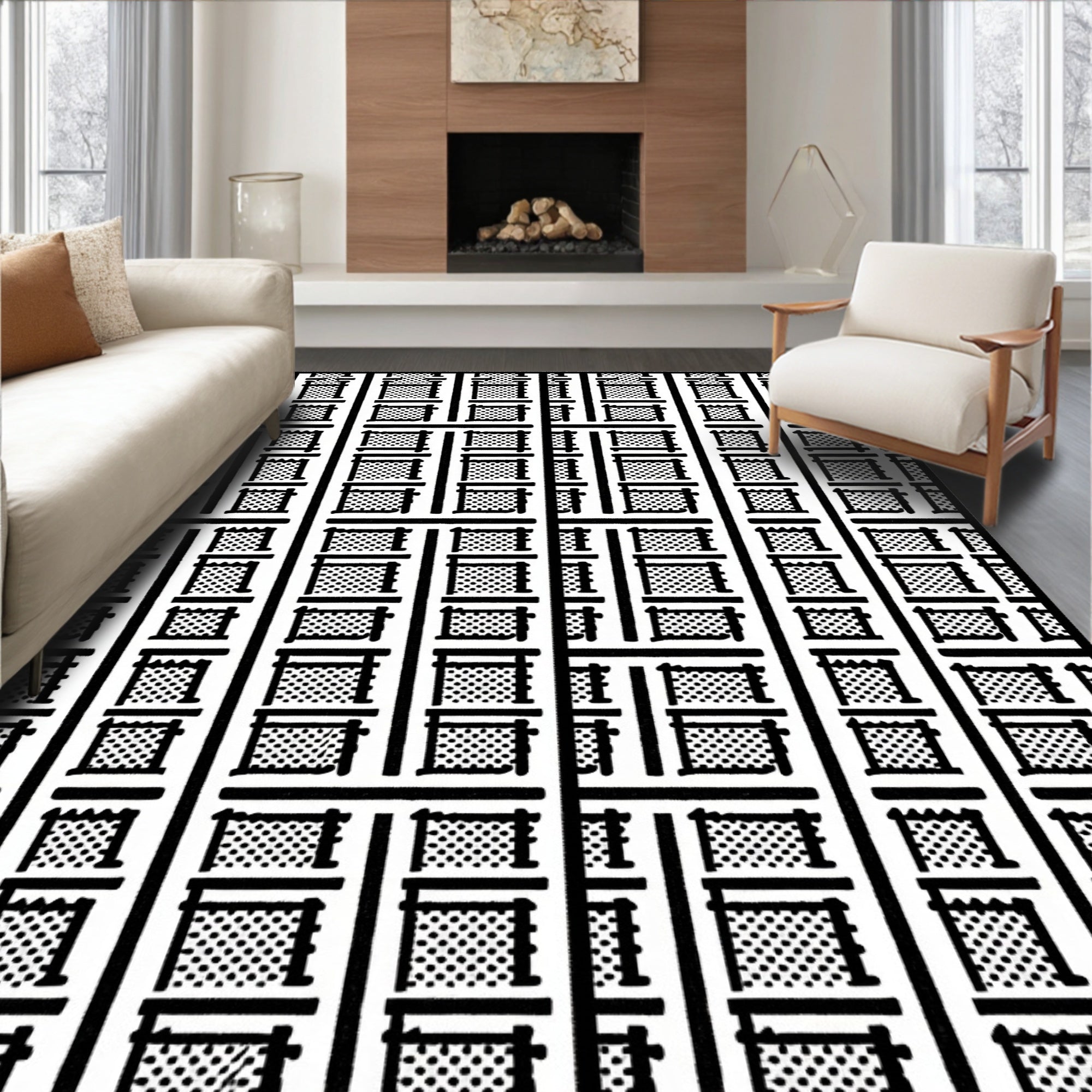 Monochrome Graphic Grid Squares Rug