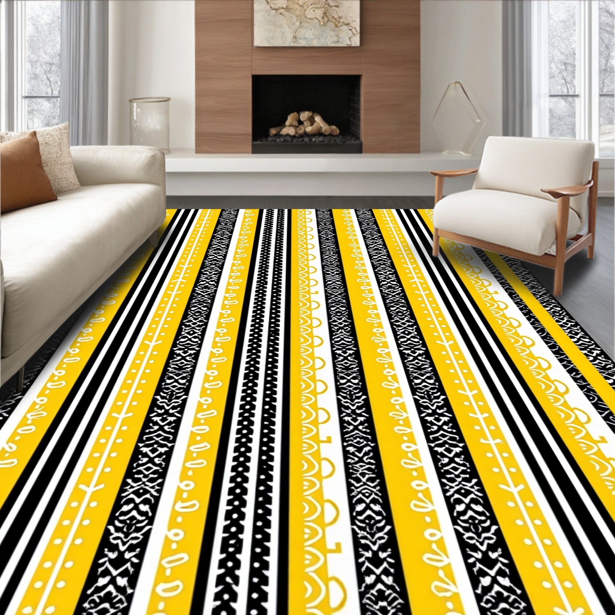 Bold Yellow Black Tribal Stripes Rug