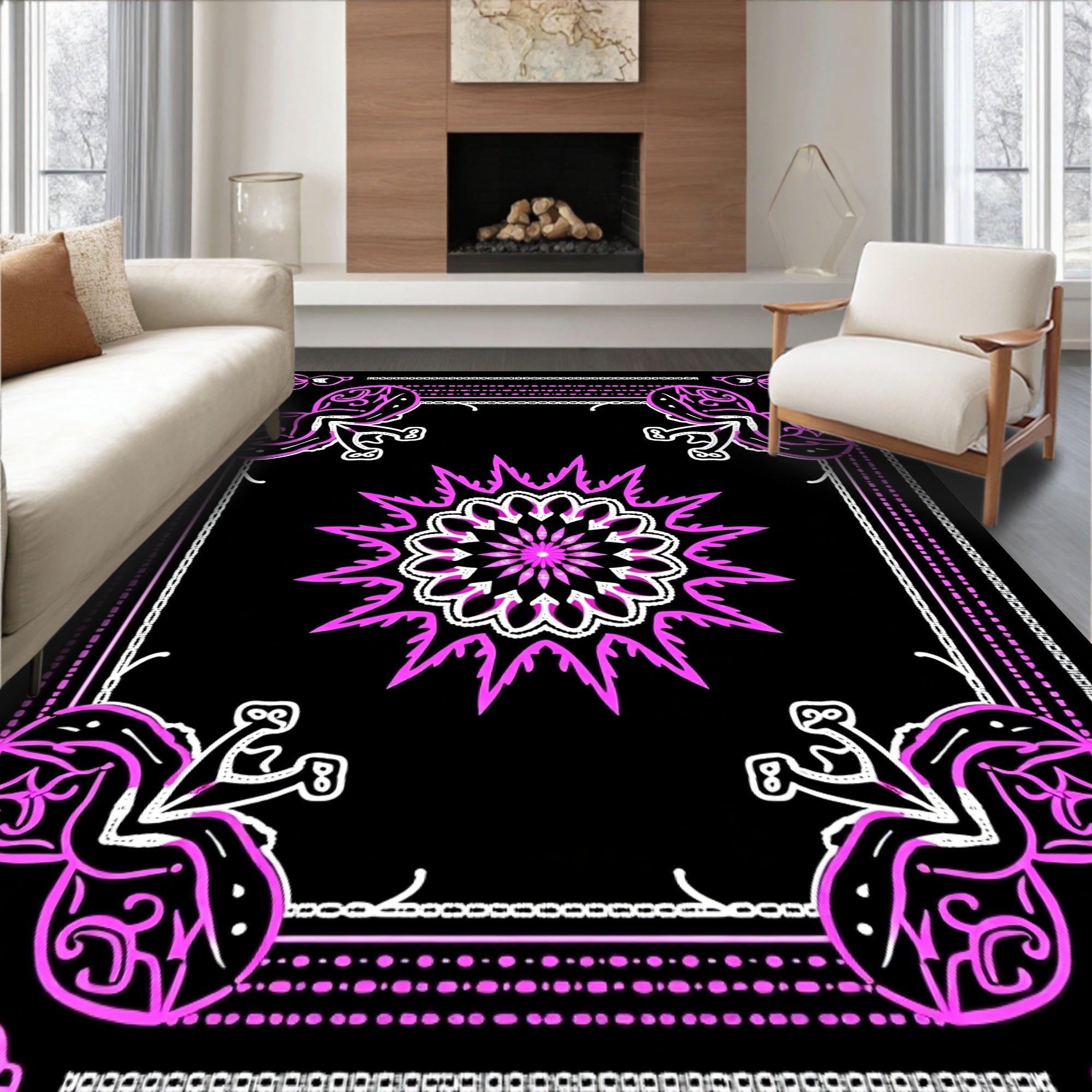 Vibrant Pink Mandala Floral Border Rug