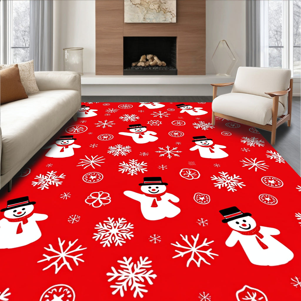 Joyful Snowman Snowflake Cheerful Red Rug
