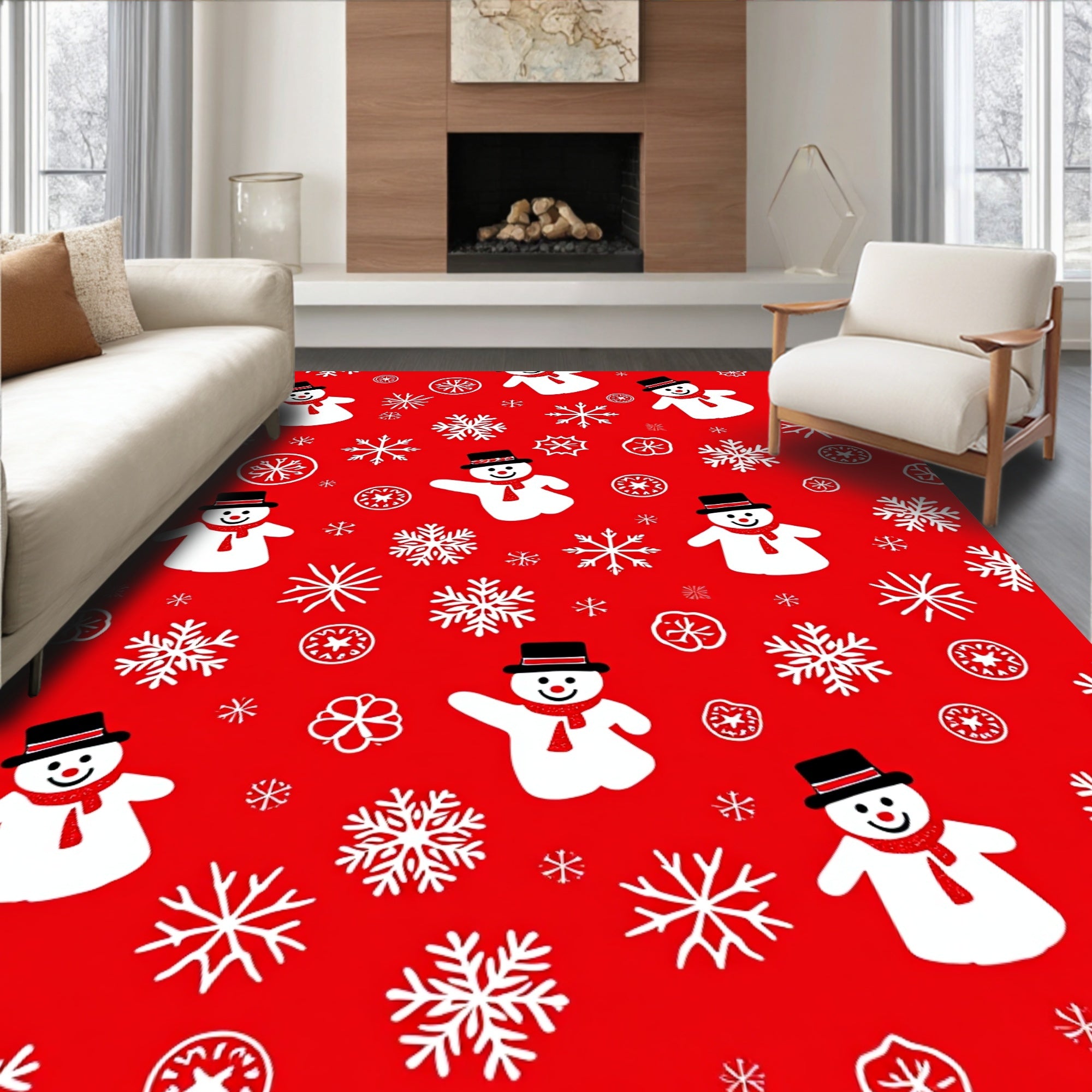 Joyful Snowman Snowflake Cheerful Red Rug