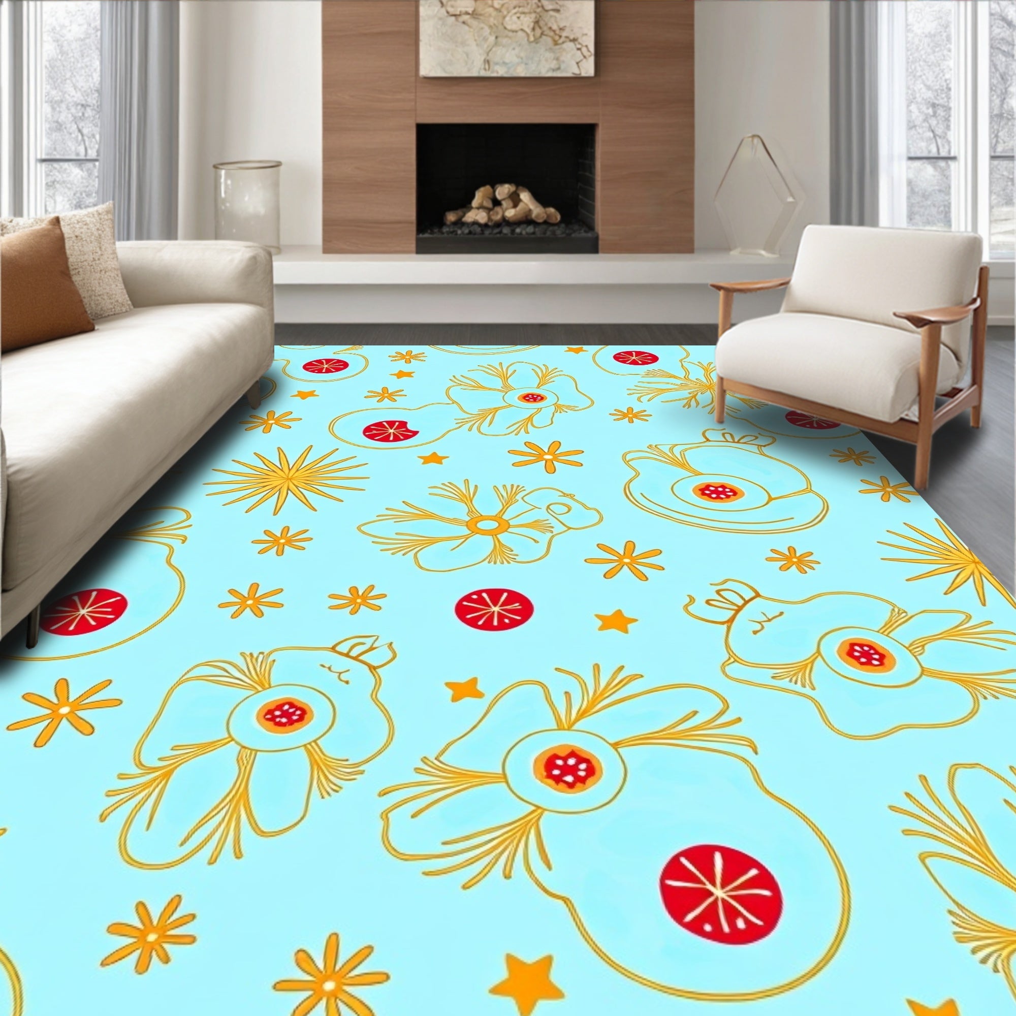 Whimsical Golden Floral Red Star Rug