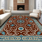 Brown Blue Floral Arabesque Scroll Rug