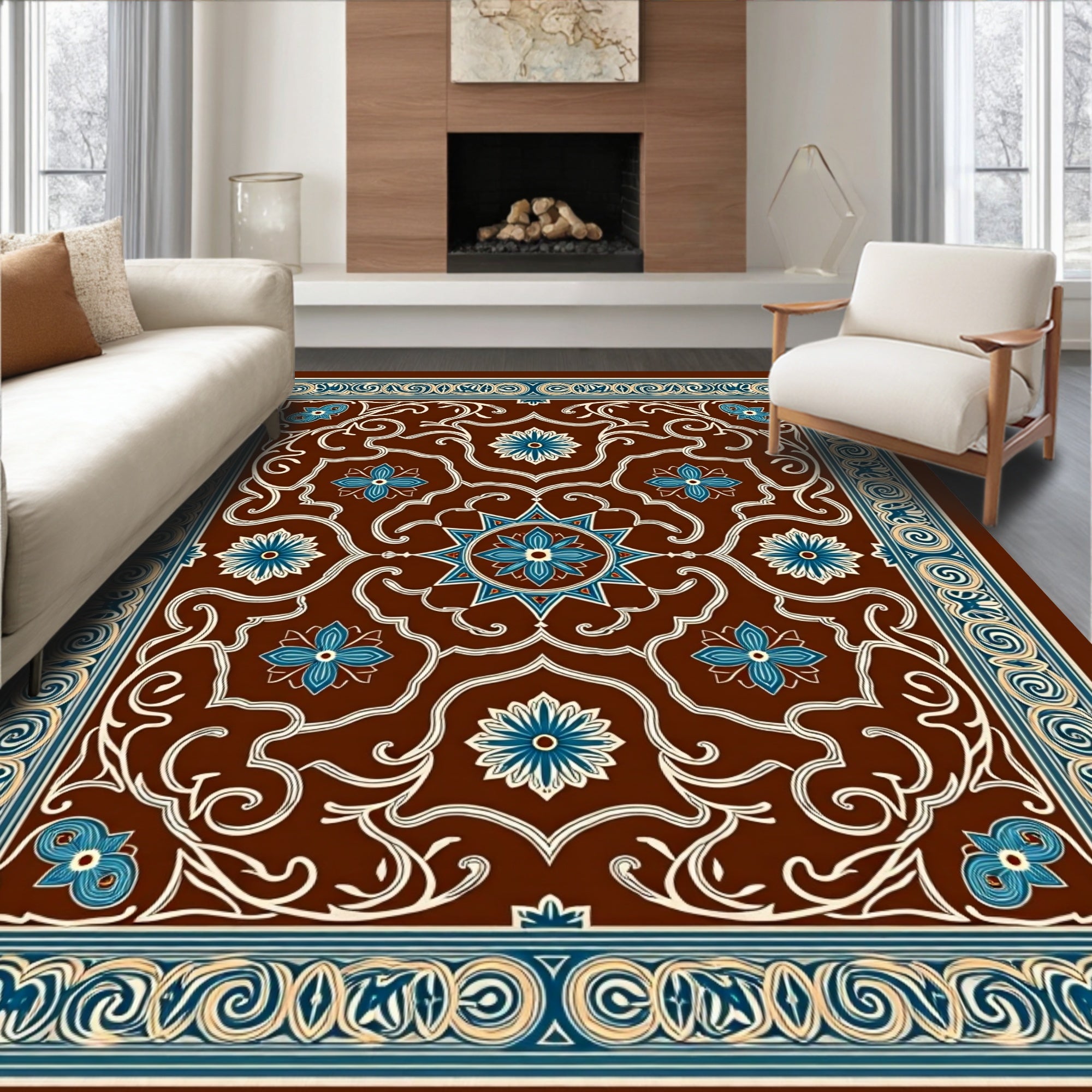 Brown Blue Floral Arabesque Scroll Rug