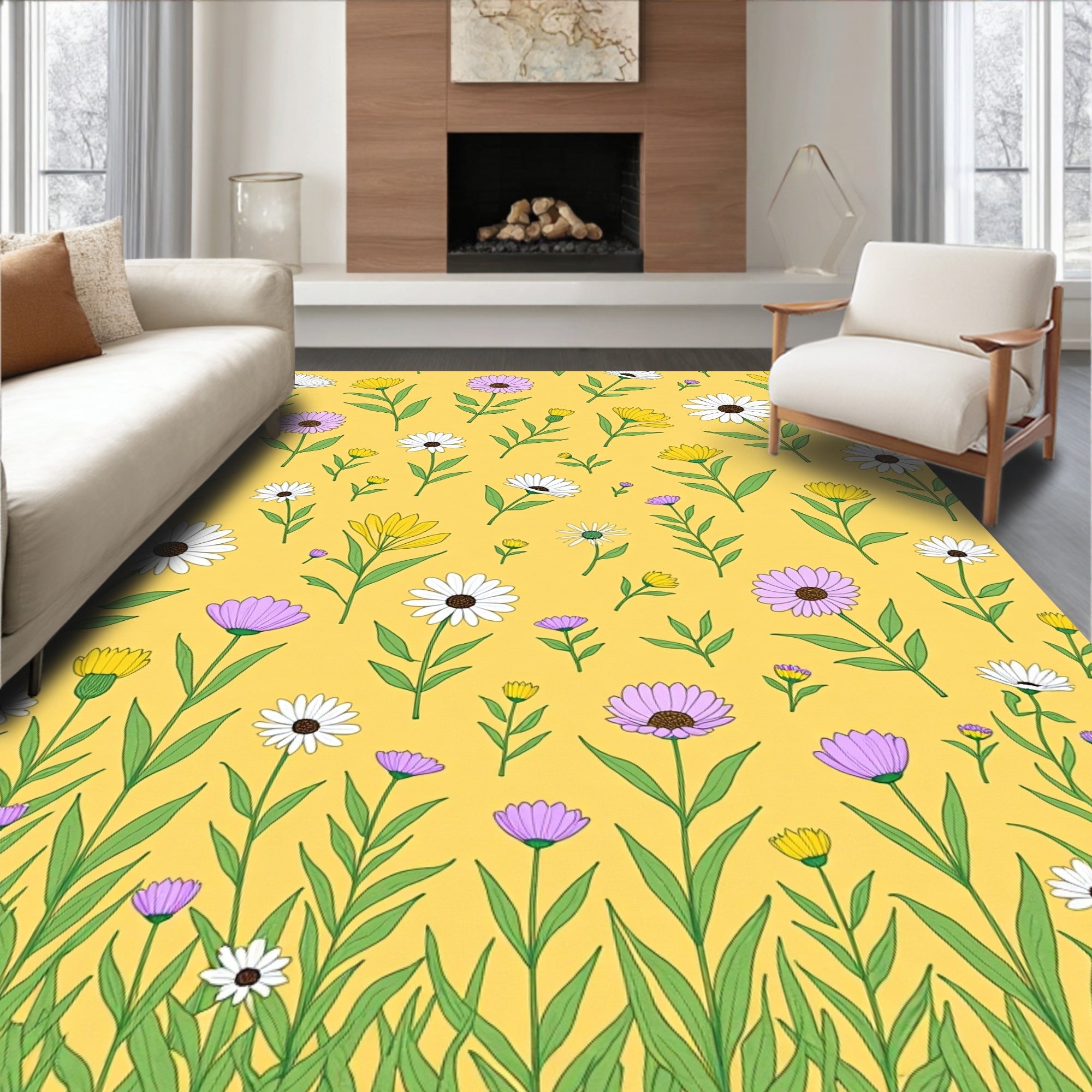 Golden Yellow Meadow Floral Composition Rug