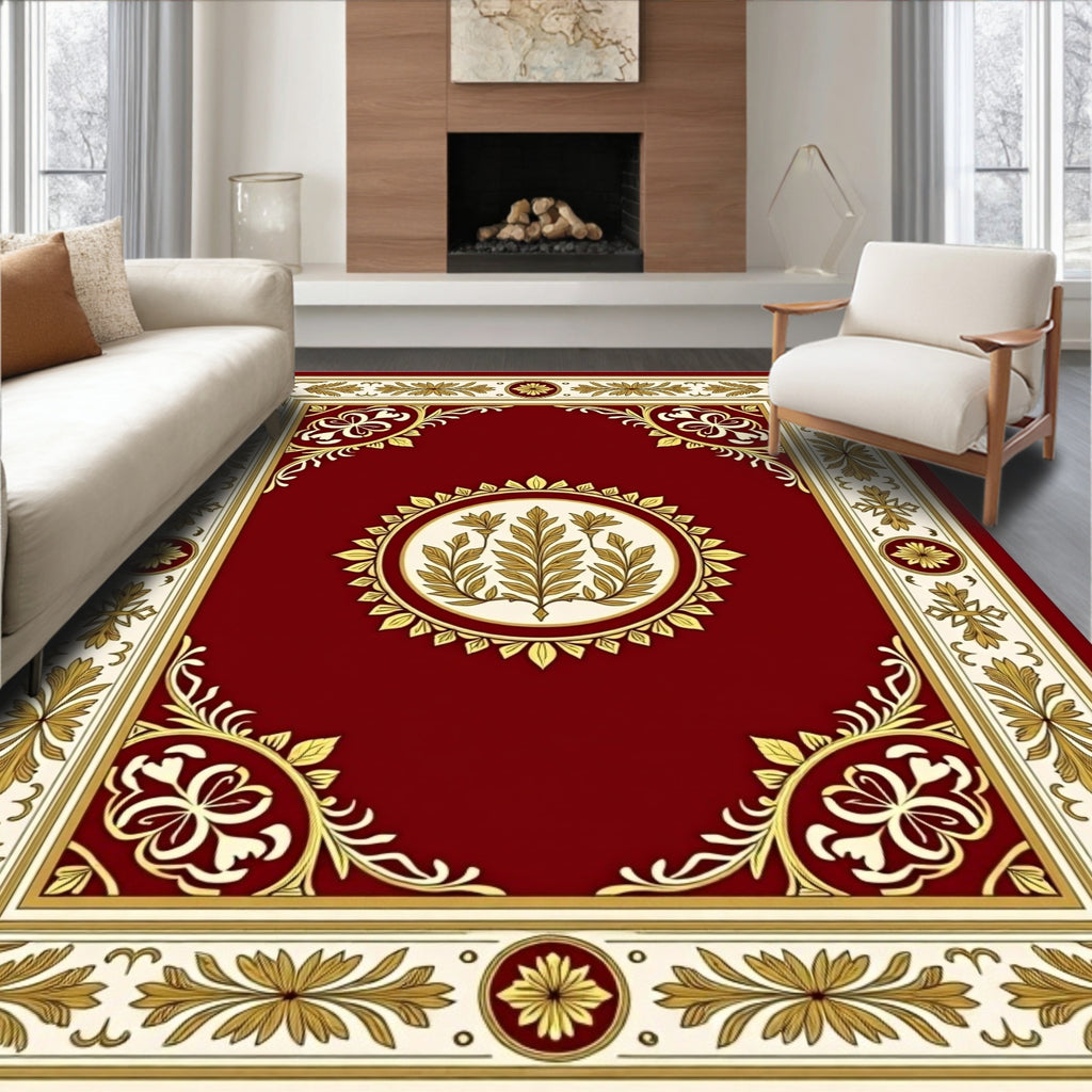 Regal Crimson Golden Floral Medallion Rug