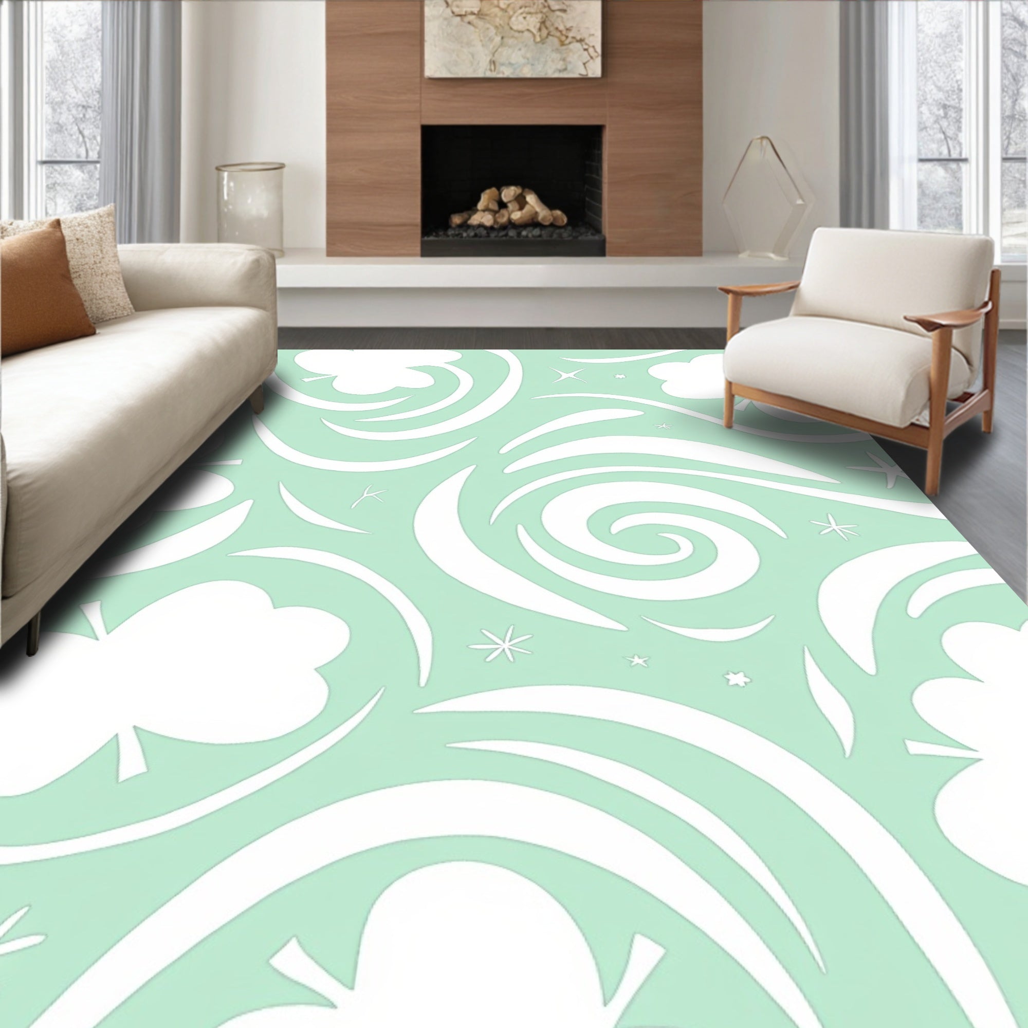 Mint Green Swirl Clover Star Rug