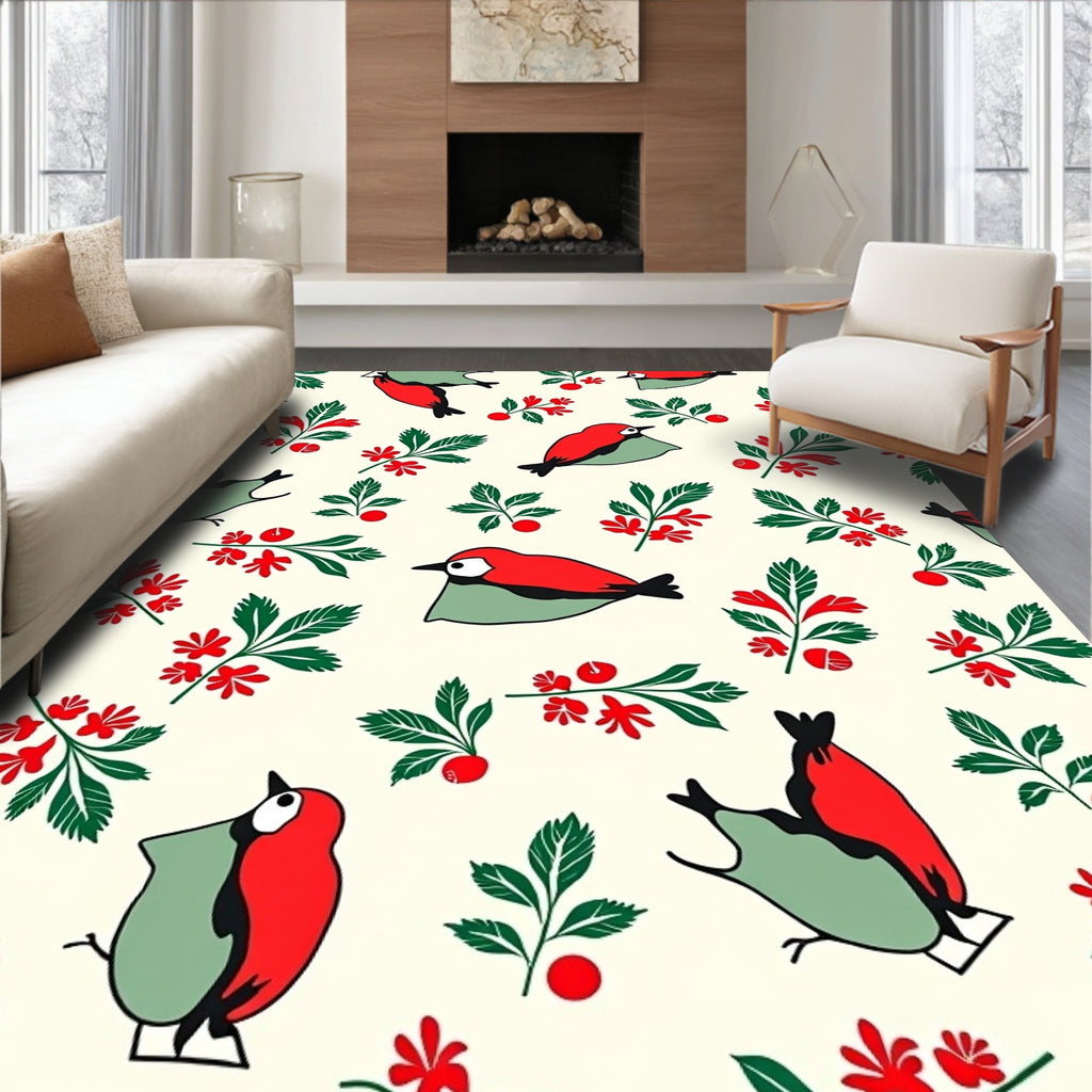 Folk Red Bird Green Branch Accents Rug