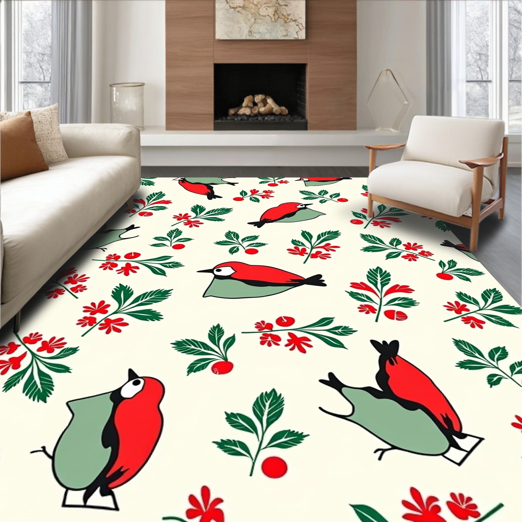Folk Red Bird Green Branch Accents Rug