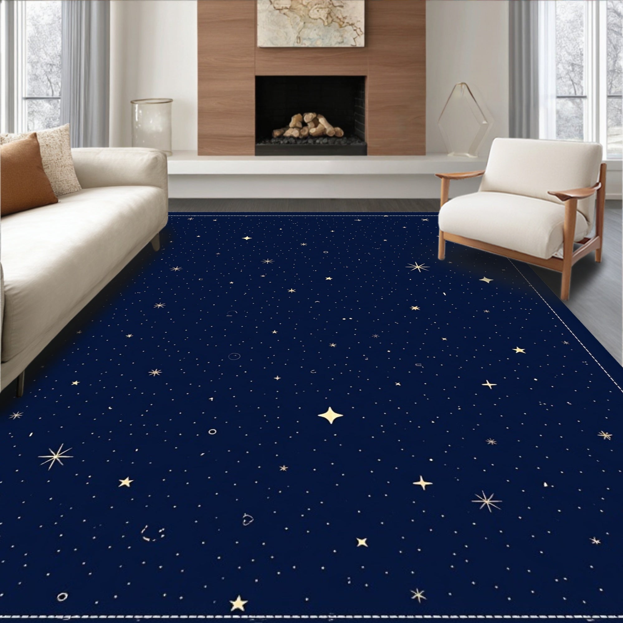 Deep Navy Starry Night Celestial Sky Rug