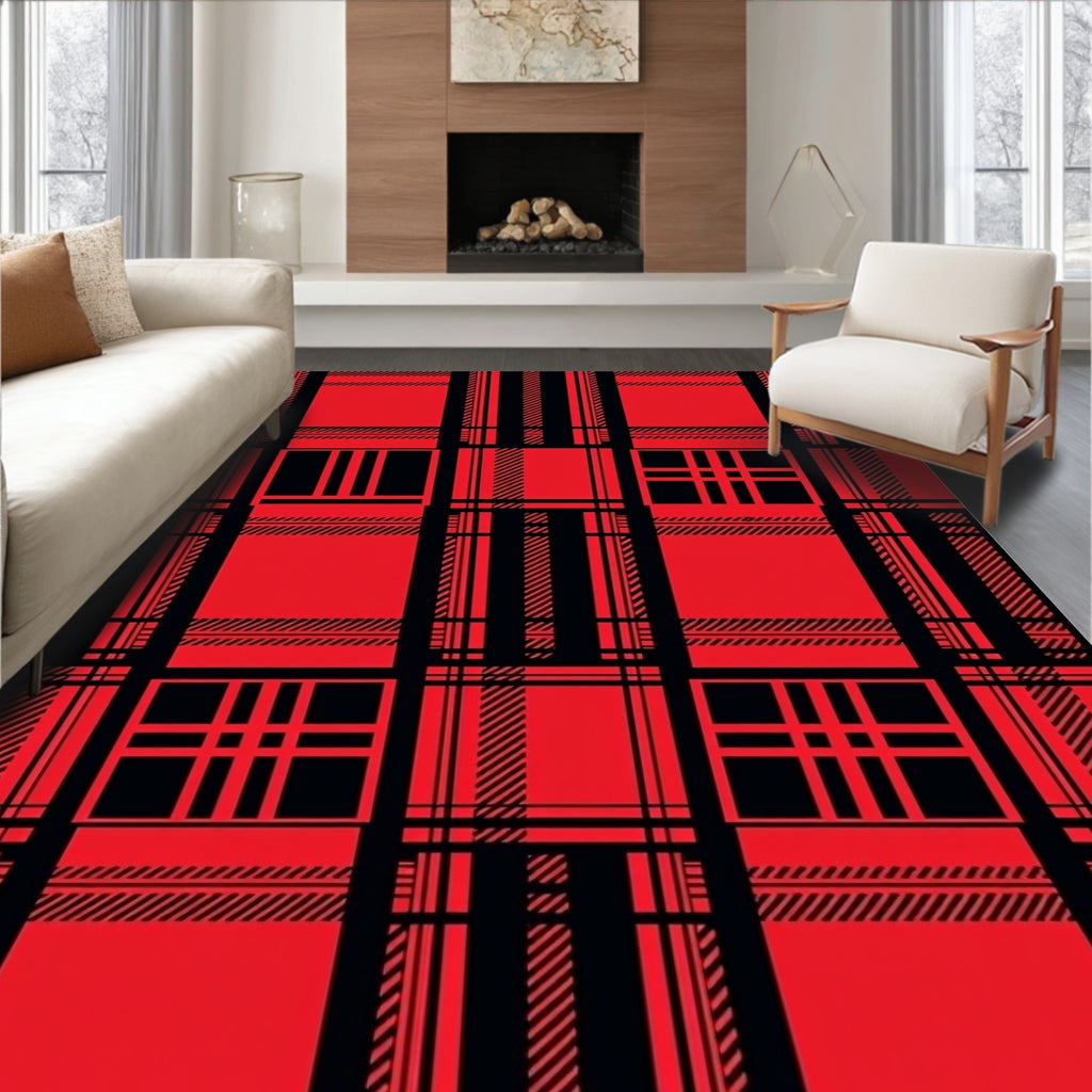 Bold Red Black Plaid Squares Rug
