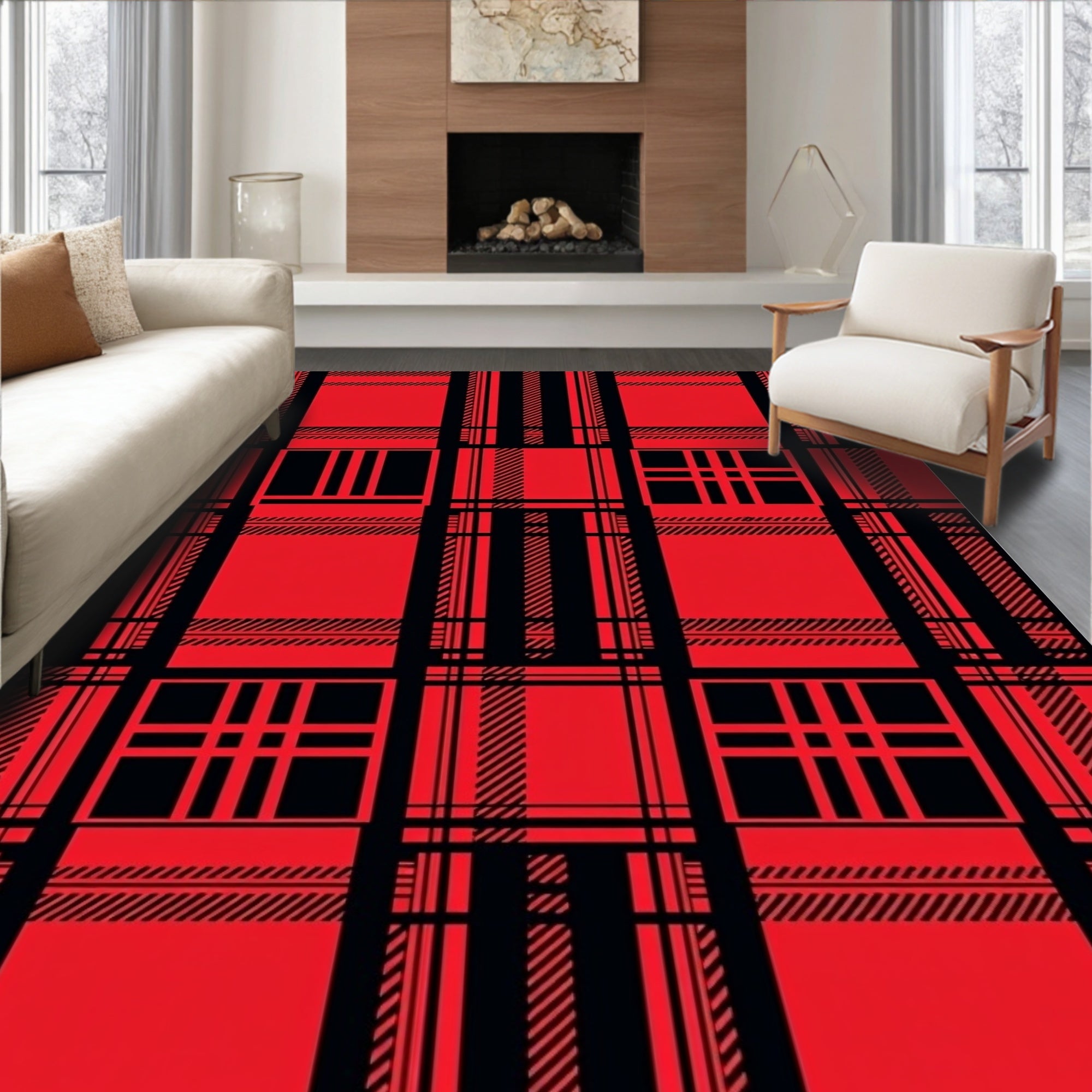 Bold Red Black Plaid Squares Rug