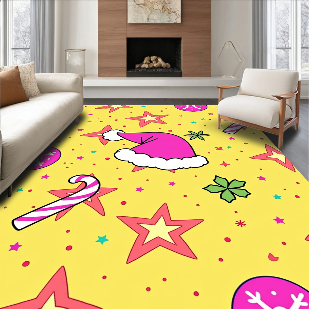 Pink Christmas Hat Stars Candy Canes Rug