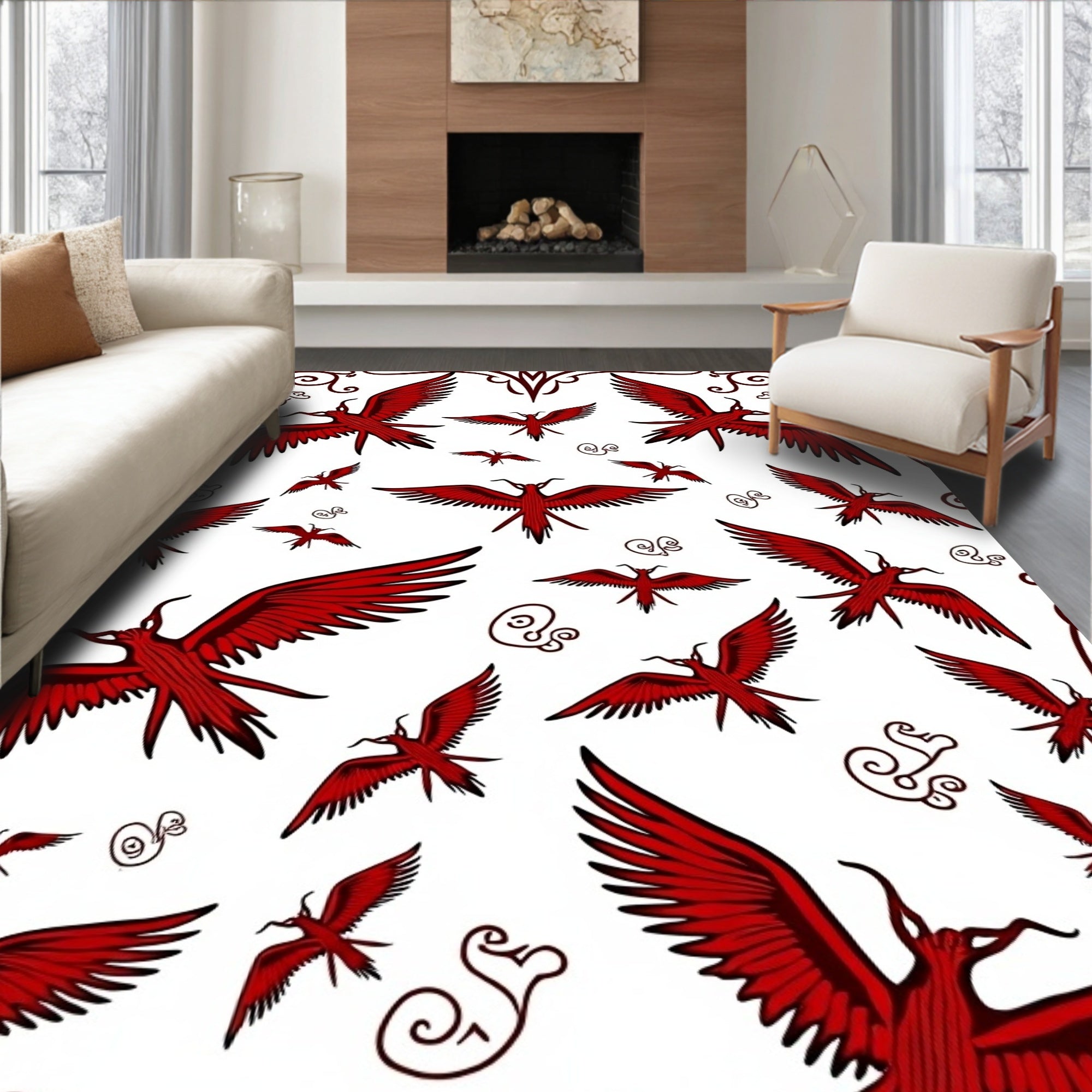 Crimson Flying Phoenix Swirling Borders Rug