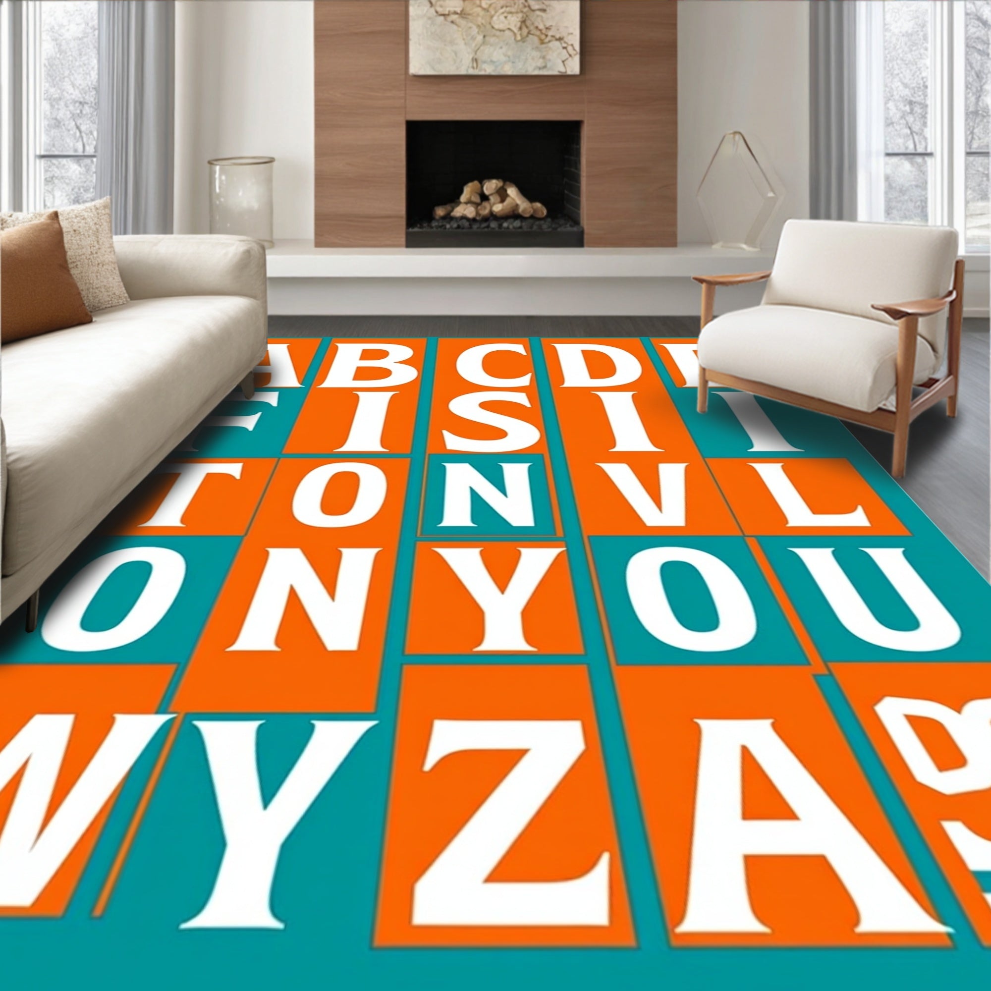 Bold Orange Teal Alphabet Squares Rug