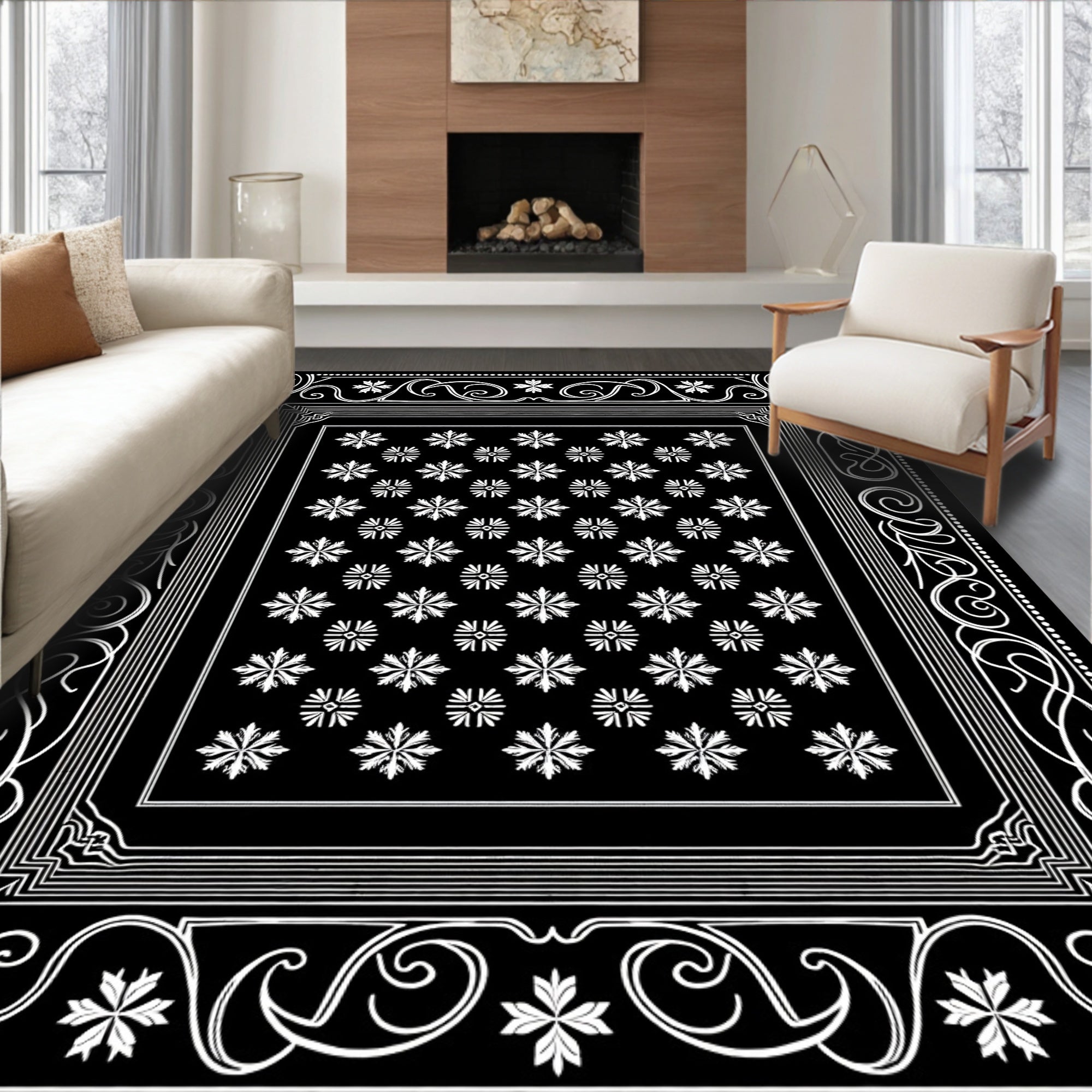 Classic Black White Floral Border Rug