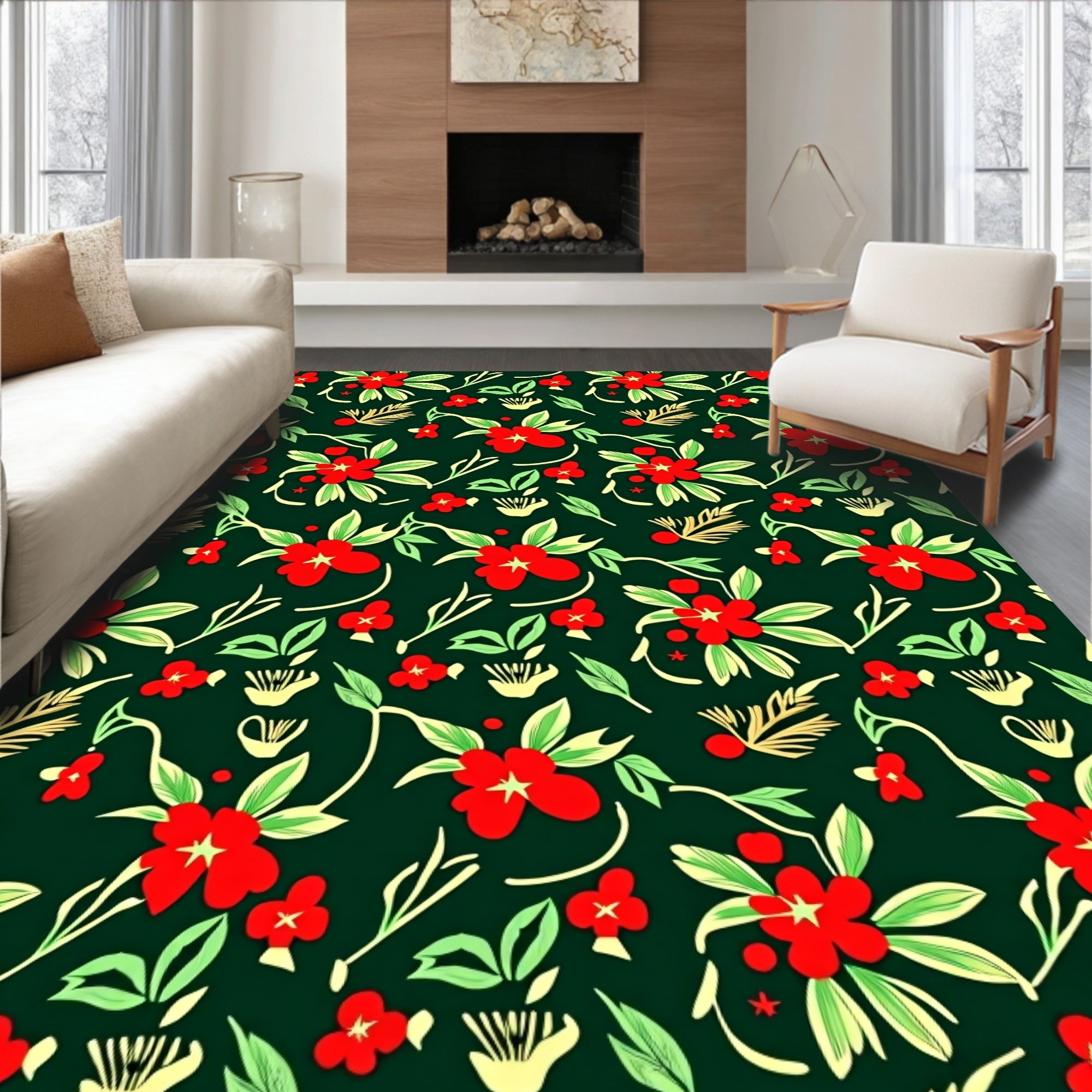 Vibrant Red Floral Garden Motif Rug