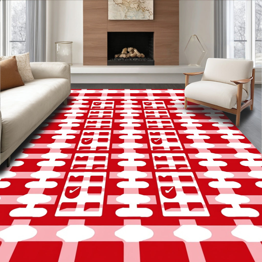 Red and White Gingham Checkered Squares Rug