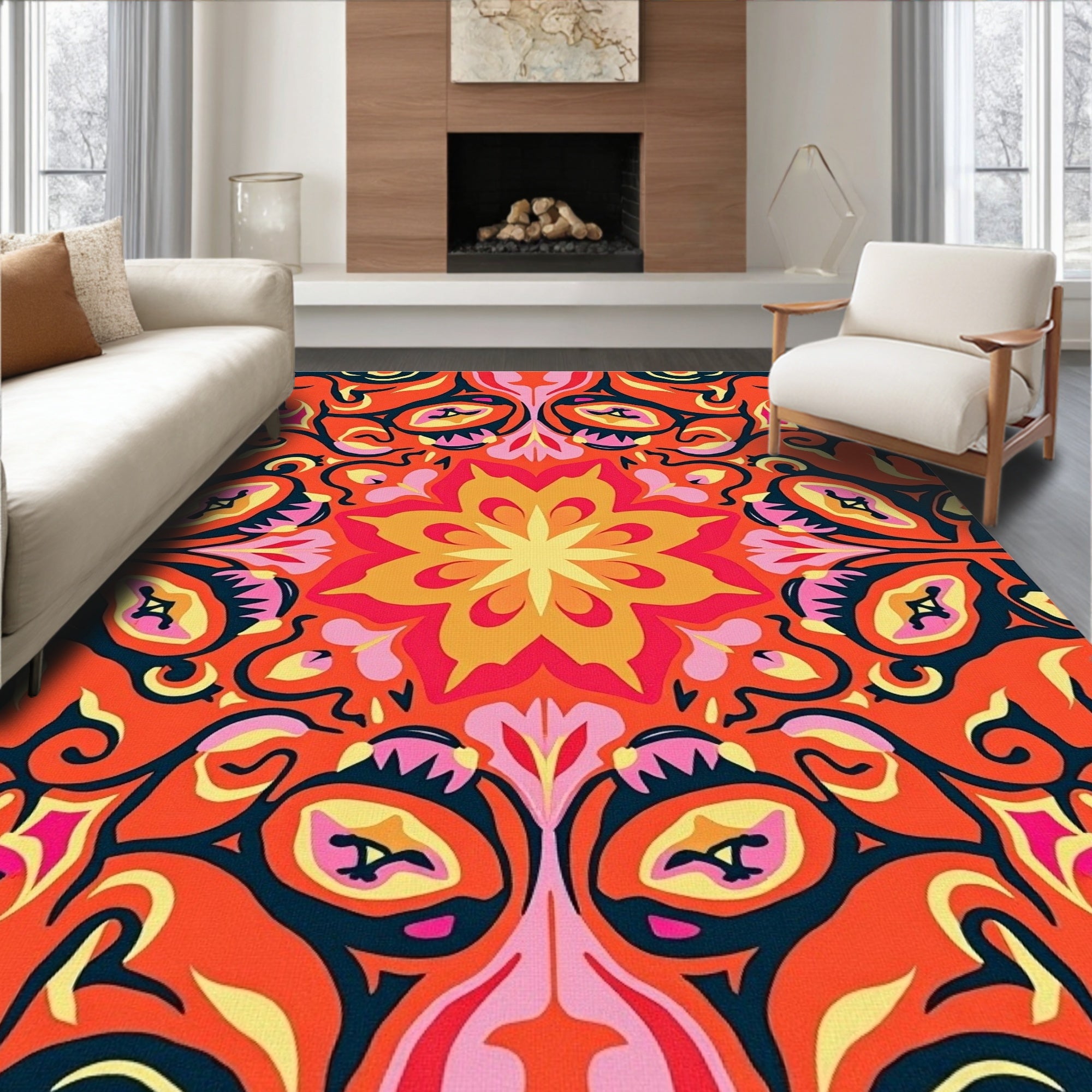 Vibrant Orange Floral Medallion Mandala Rug