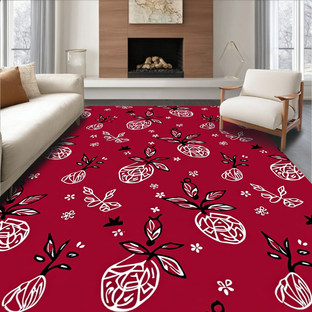 Crimson Red Hand Drawn Fruit Garden Rug