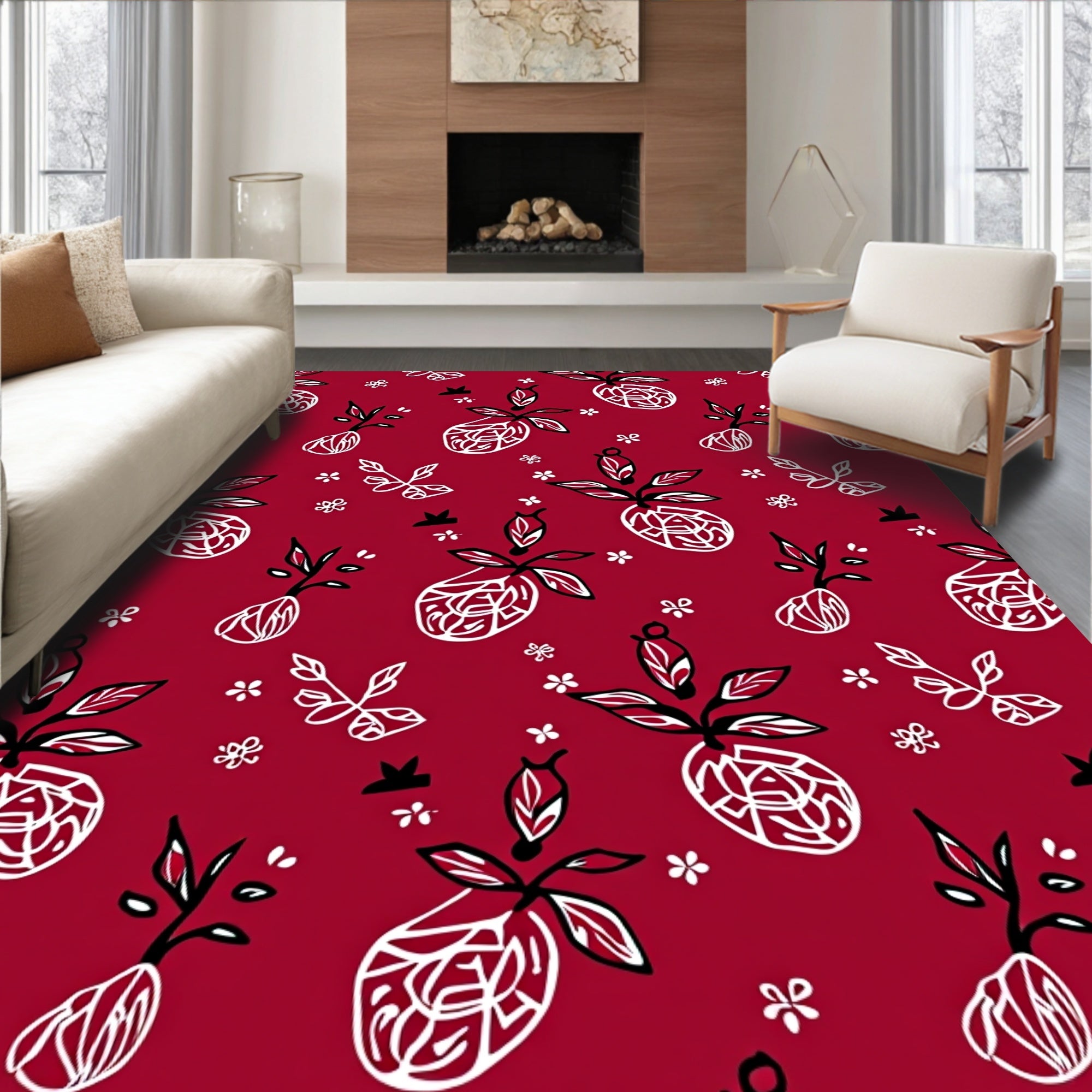 Crimson Red Hand Drawn Fruit Garden Rug