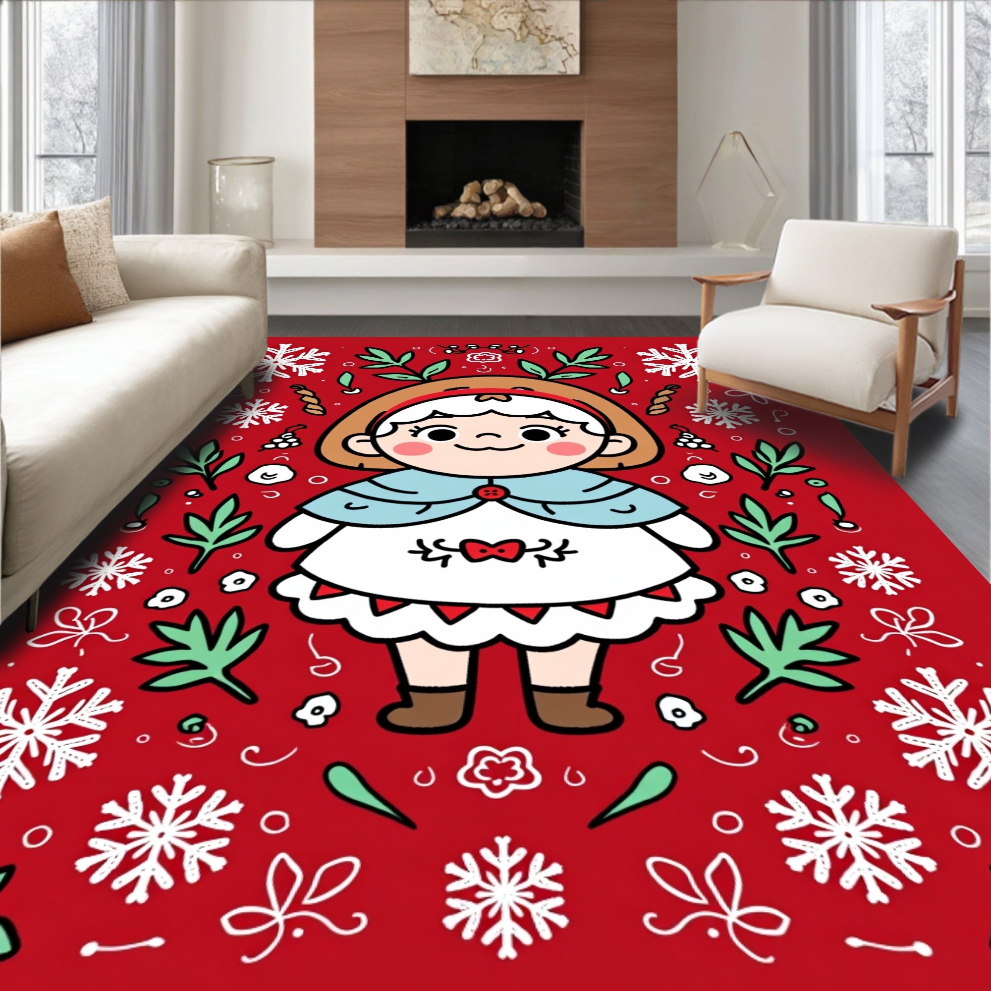 Charming Red Festive Girl Snowflakes Rug