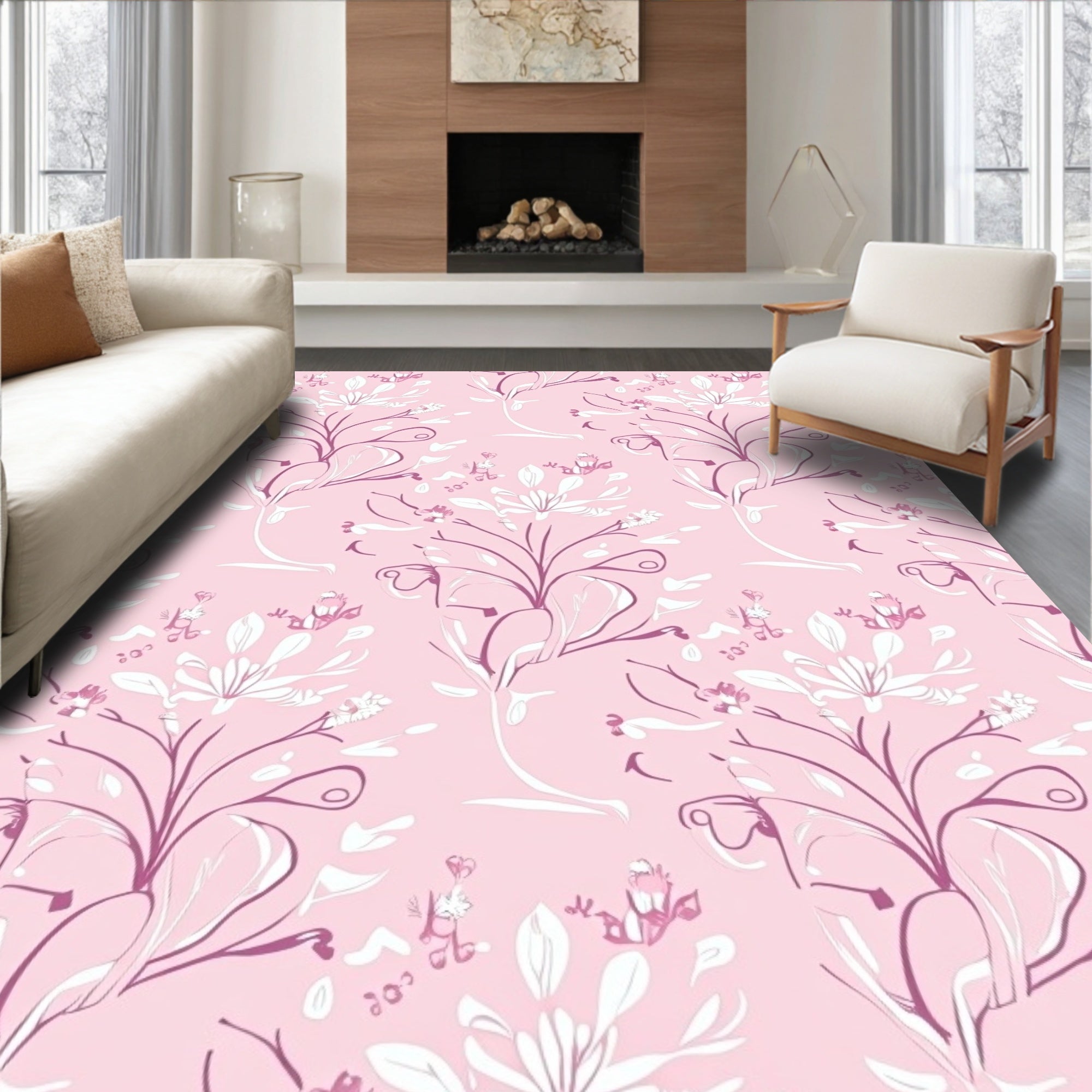 Whimsical Pink Botanical Branch Garden Rug