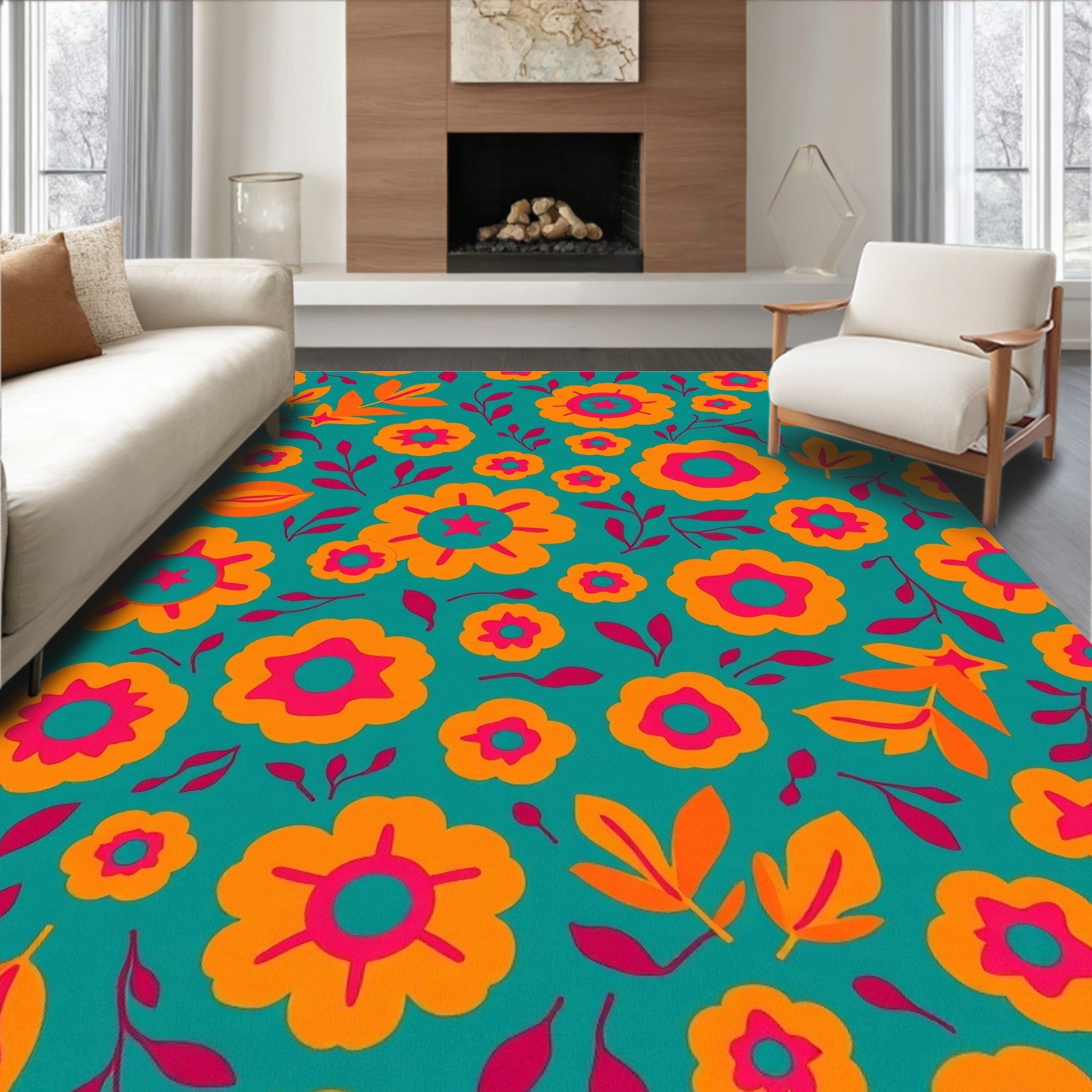 Retro Orange Pink Floral Medallion Rug