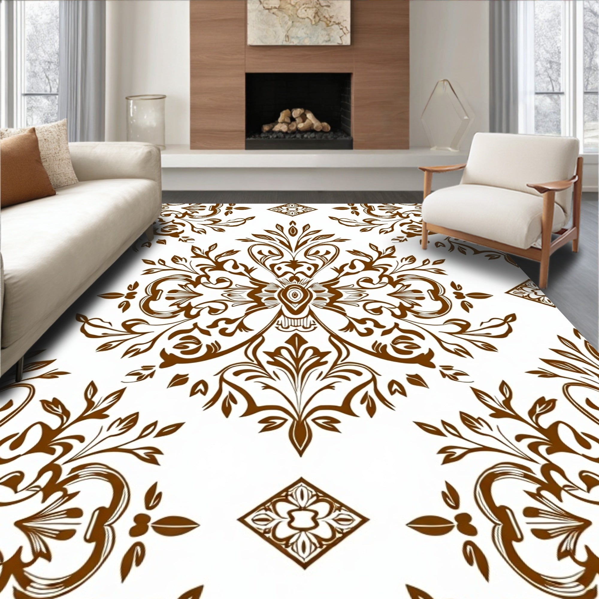 Rich Brown Damask Floral Medallion Rug
