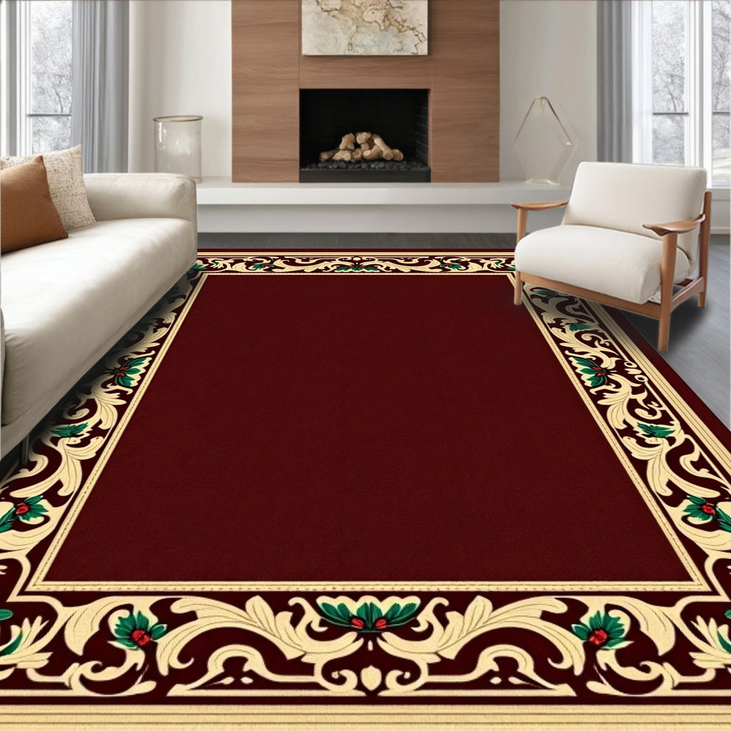 Crimson Tan Vine Floral Border Rug