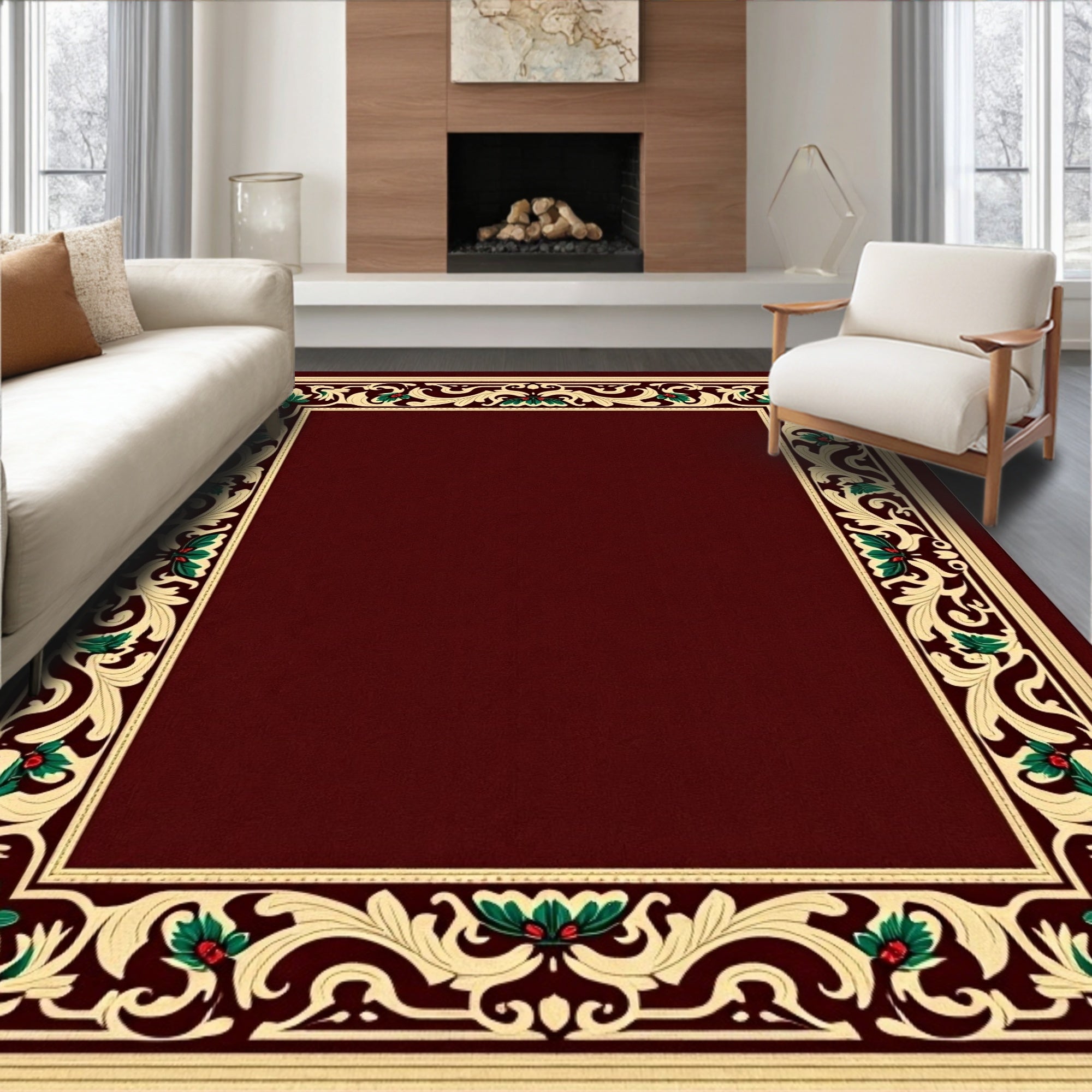 Crimson Tan Vine Floral Border Rug
