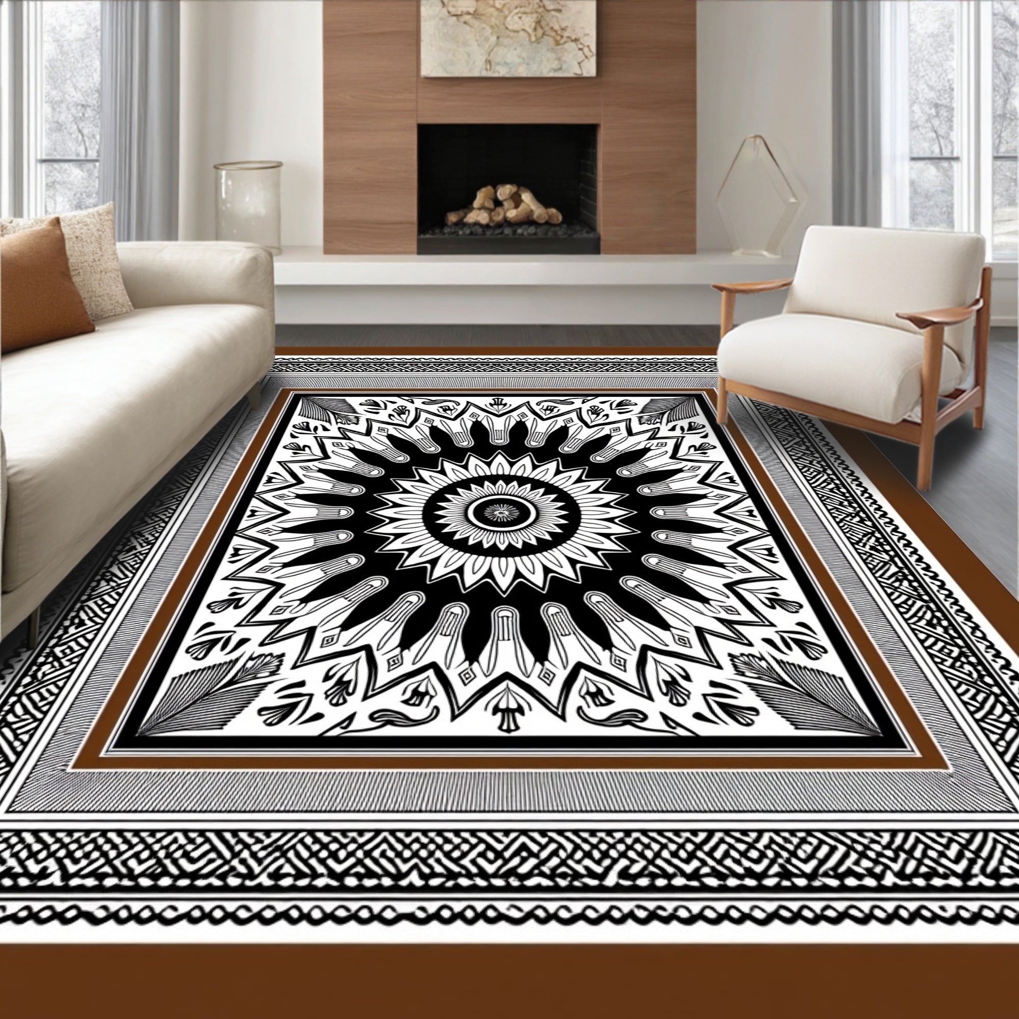 Brown Black Sunburst Floral Medallion Rug
