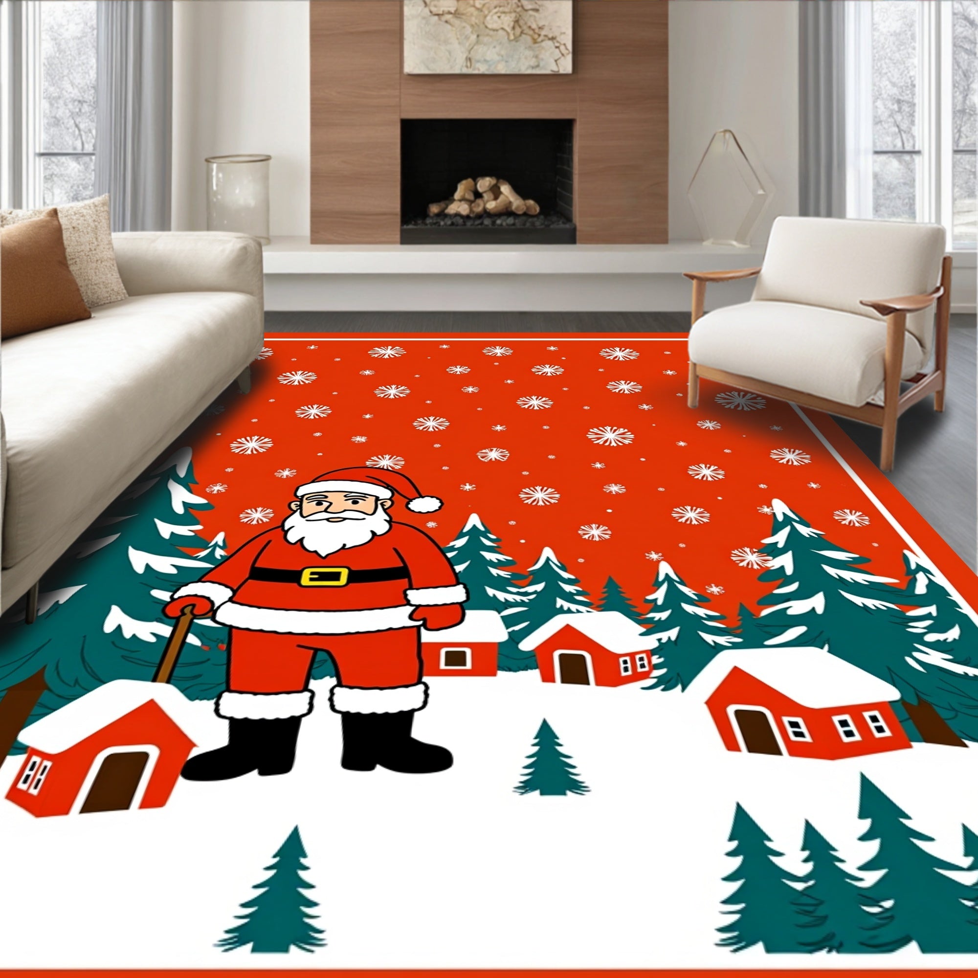 Merry Santa Claus Snowfall Winter Scene Rug