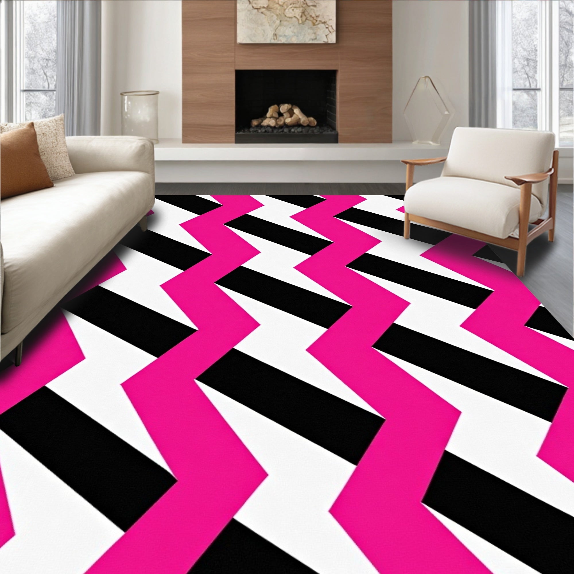 Vibrant Pink Black Zigzag Stripe Rug