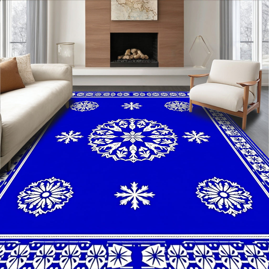 Vibrant Blue White Mandala Snowflakes Rug