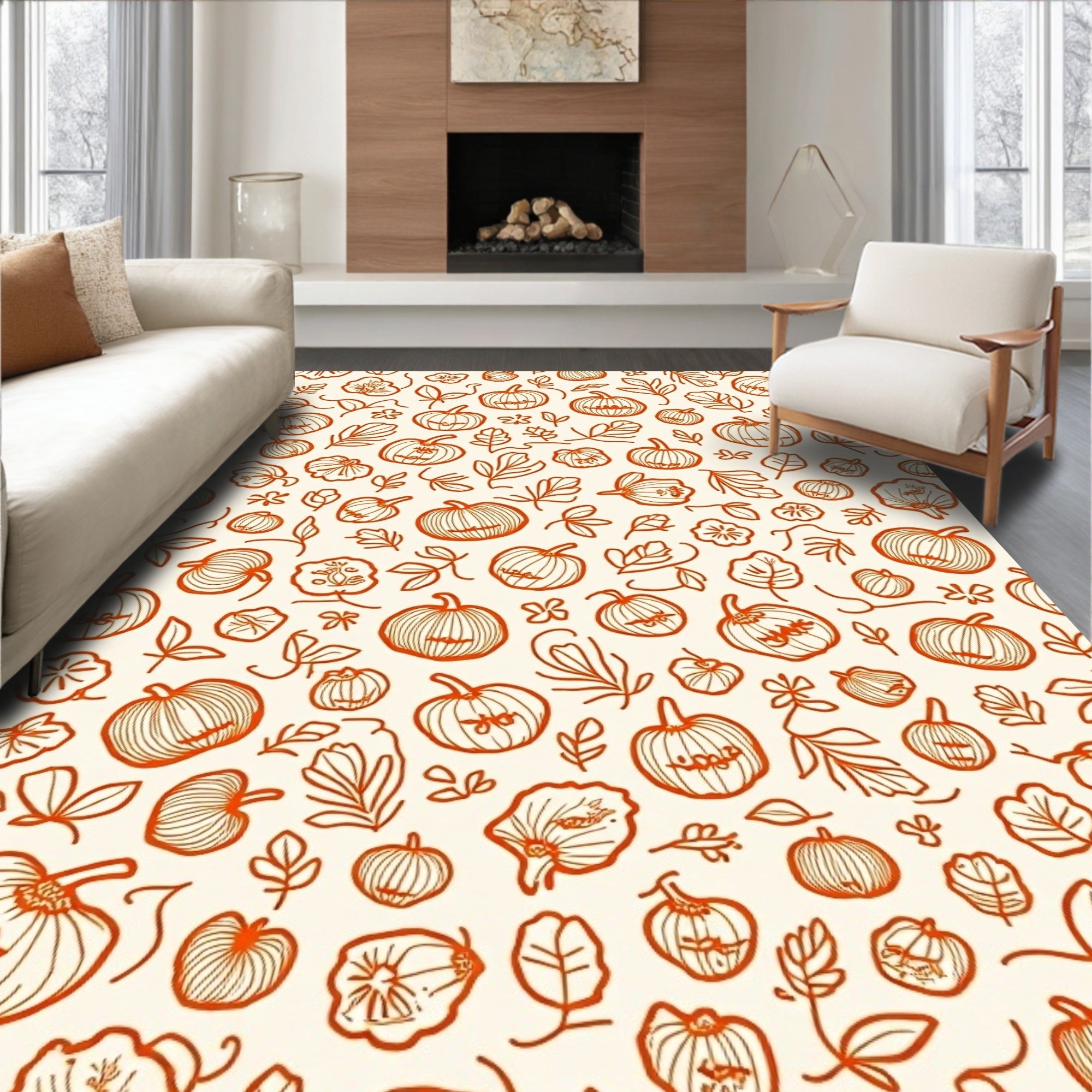 Autumn Pumpkin Leaf Scatter Cream Rug
