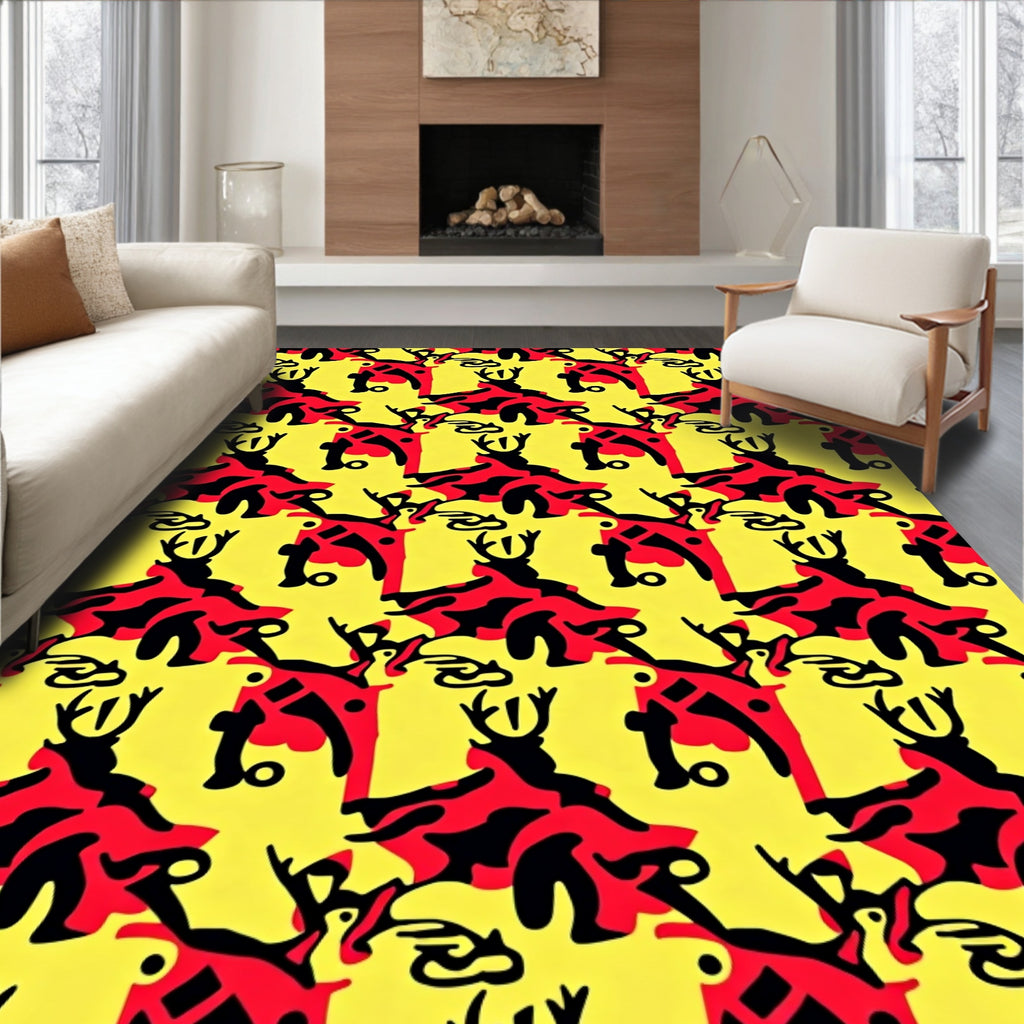 Bold Red Black Deer Motif Yellow Rug