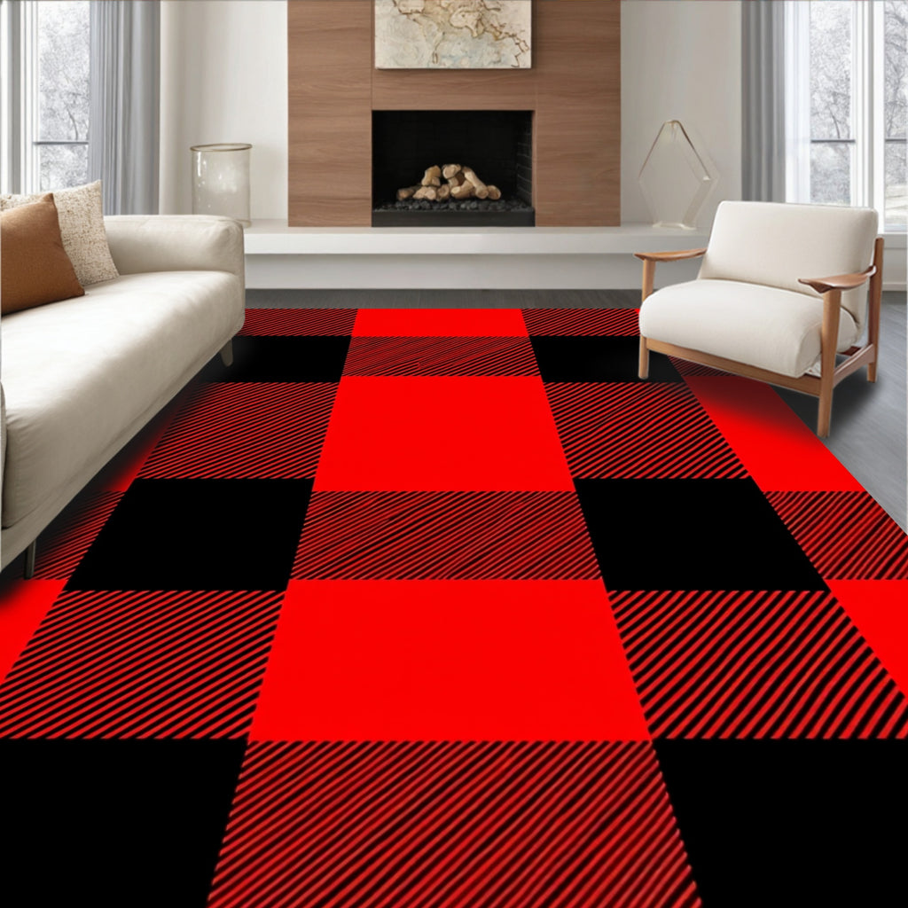 Classic Plaid Red Black Squares Rug