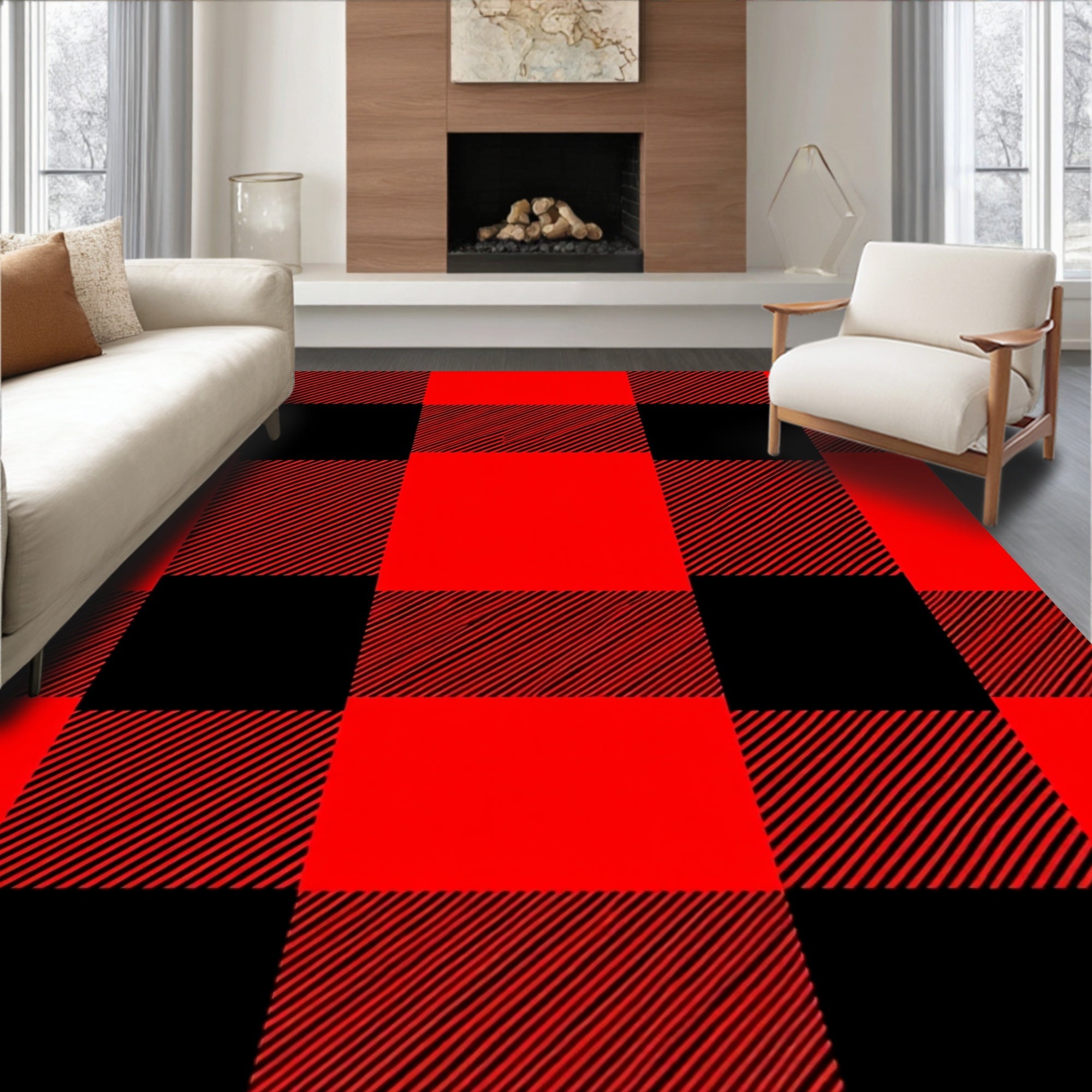 Classic Plaid Red Black Squares Rug