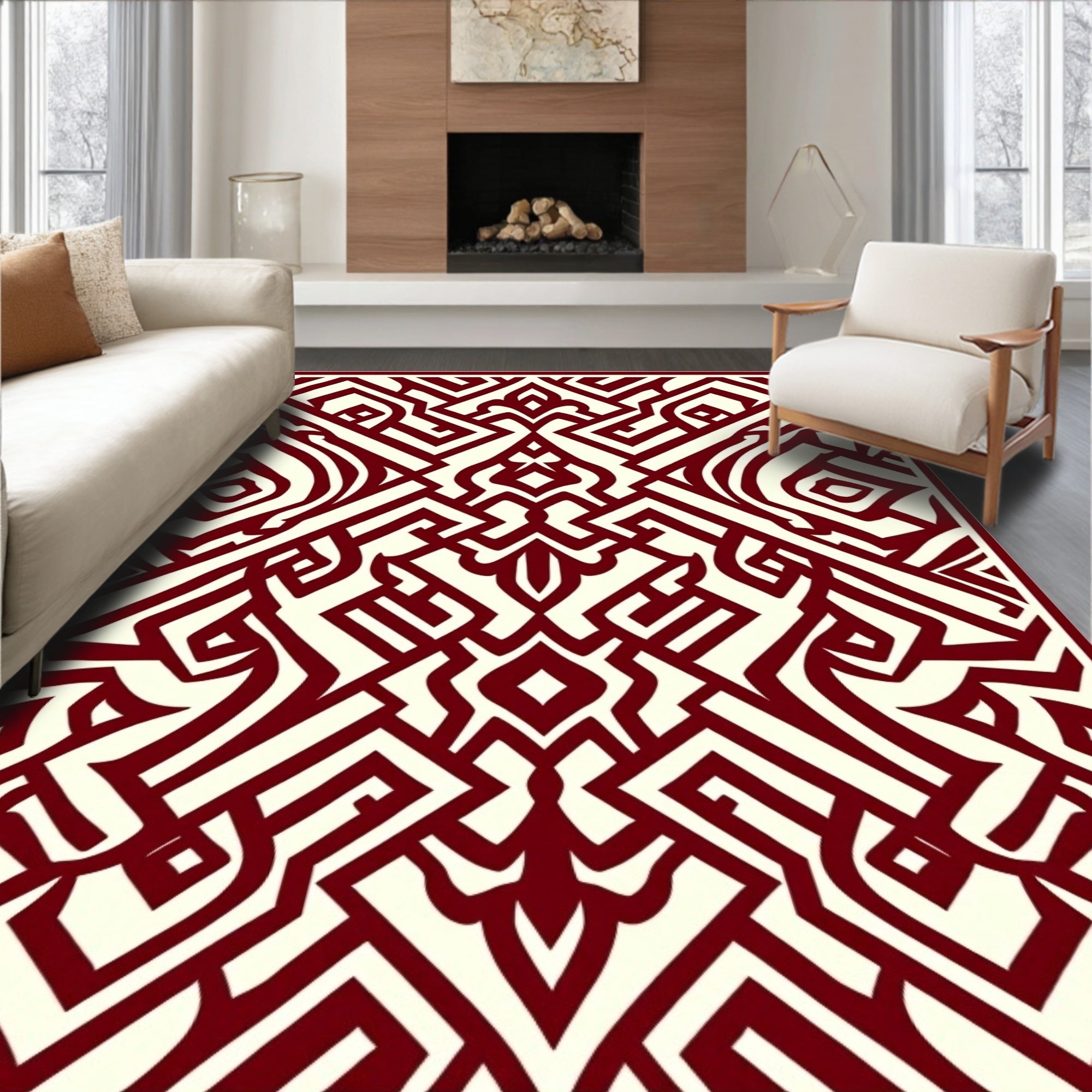 Crimson Geometric Labyrinth Rug